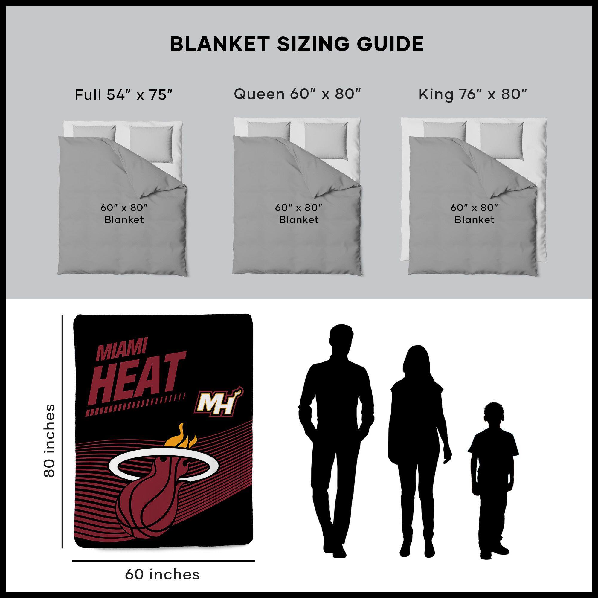 BLANKET SIZING GUIDE

Full 54" x 75"  
Queen 60" x 80"  
King 76" x 80"  

60" x 80" Blanket  
60" x 80" Blanket  
60" x 80" Blanket  

MIAMI HEAT  
MH  

80 inches  
60 inches