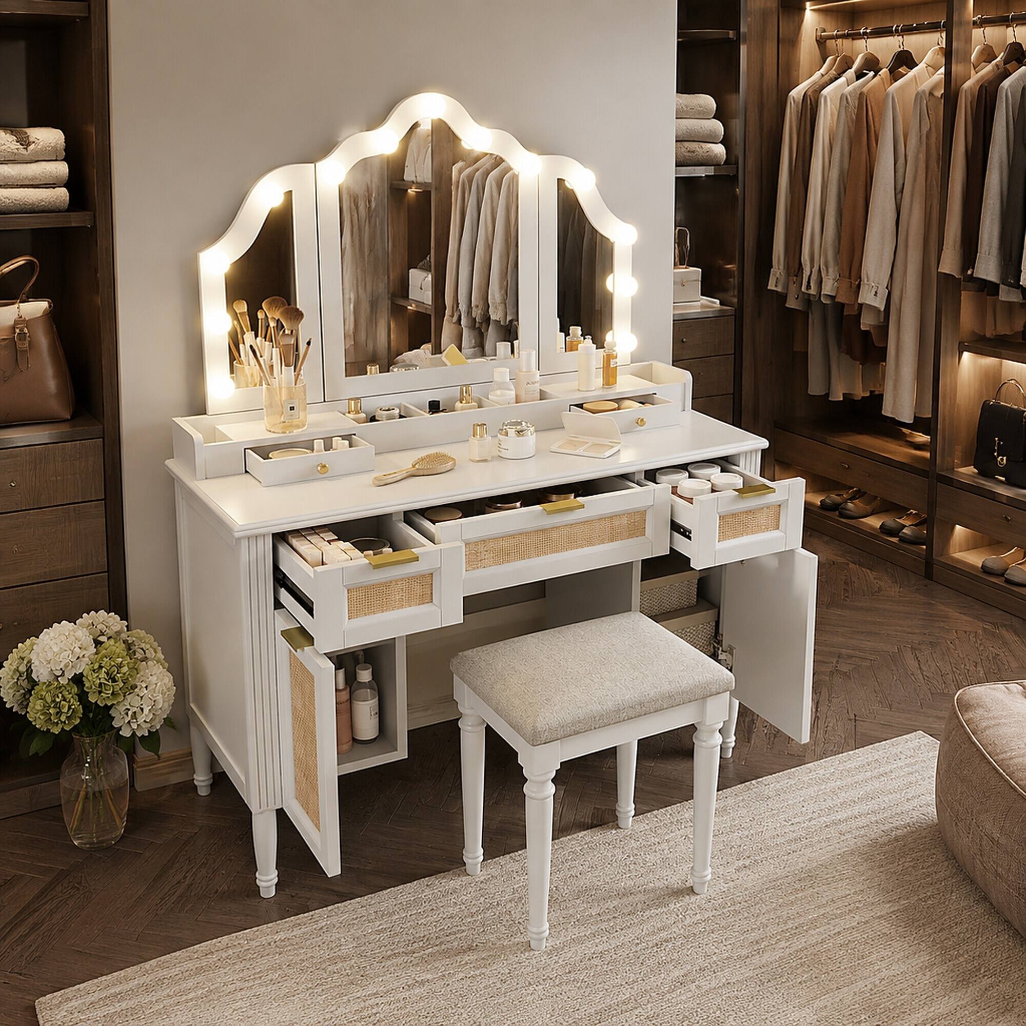 Left. RYHNUYNE - 44.37 in Makeup Vanity Desk Set 3 Lighting Modes, Tri-Fold Mirror, Cushioned Stool, White - White.