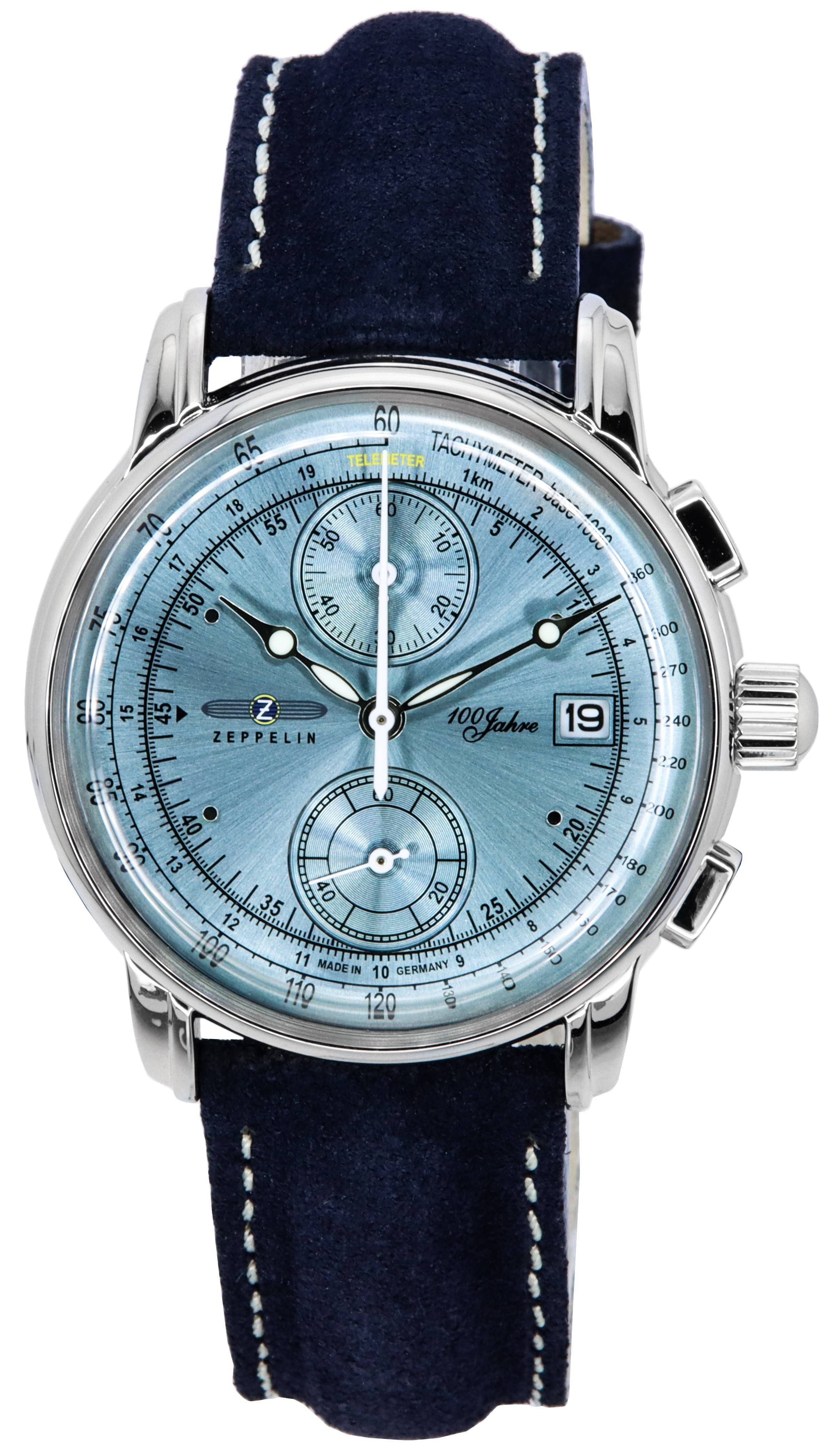 Zeppelin - 100 Jahre Chronograph Leather Strap Ice Dial Quartz 86704 Men's Watch - Blue