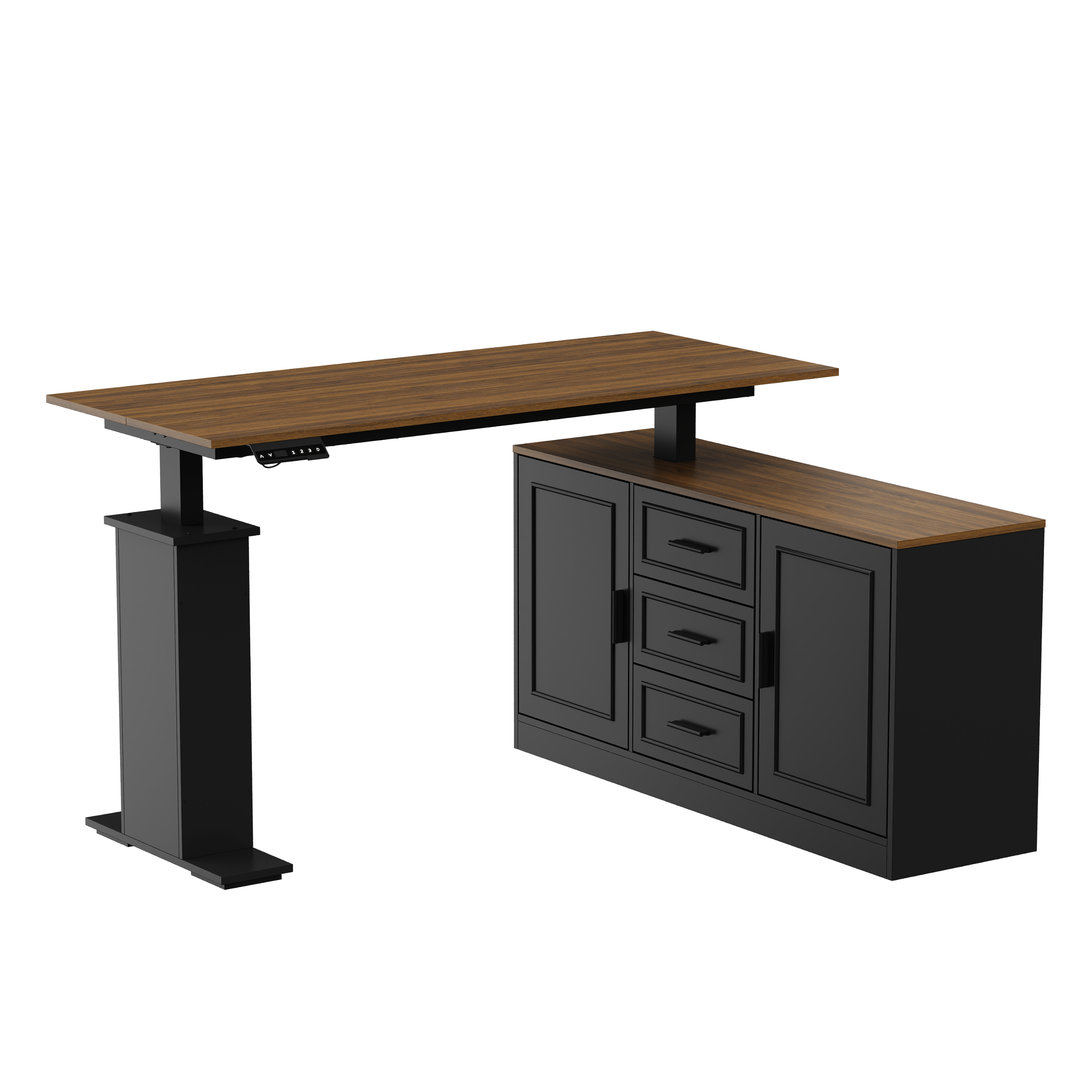 Angle. Famapy - Electric Standing Desk with Storage Cabinet, 55.1" Adjustable Height Workstation, 150 LBS Capacity, Rustic Industrial - Walnut & Black.