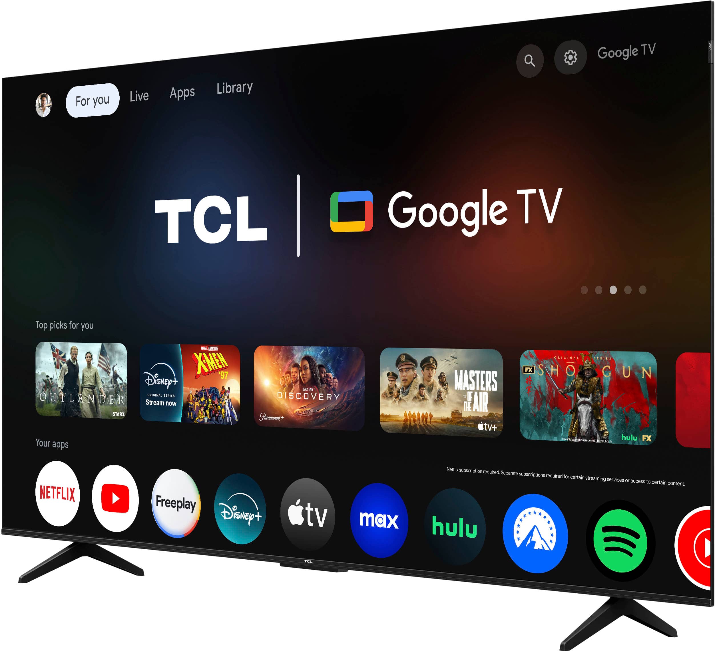 Google TV For you Live Apps Library TCL Google TV Top picks for you - XMEN '97 December 1997 Stream now Your apps - Discovery - Masters of Illusion - Air TV+ - FX - Hulu - Netflix - Freeplay - Disney+ - tv max - Sedfic - Subscriptions for certain streaming services - Choose is certain more hulu FEL