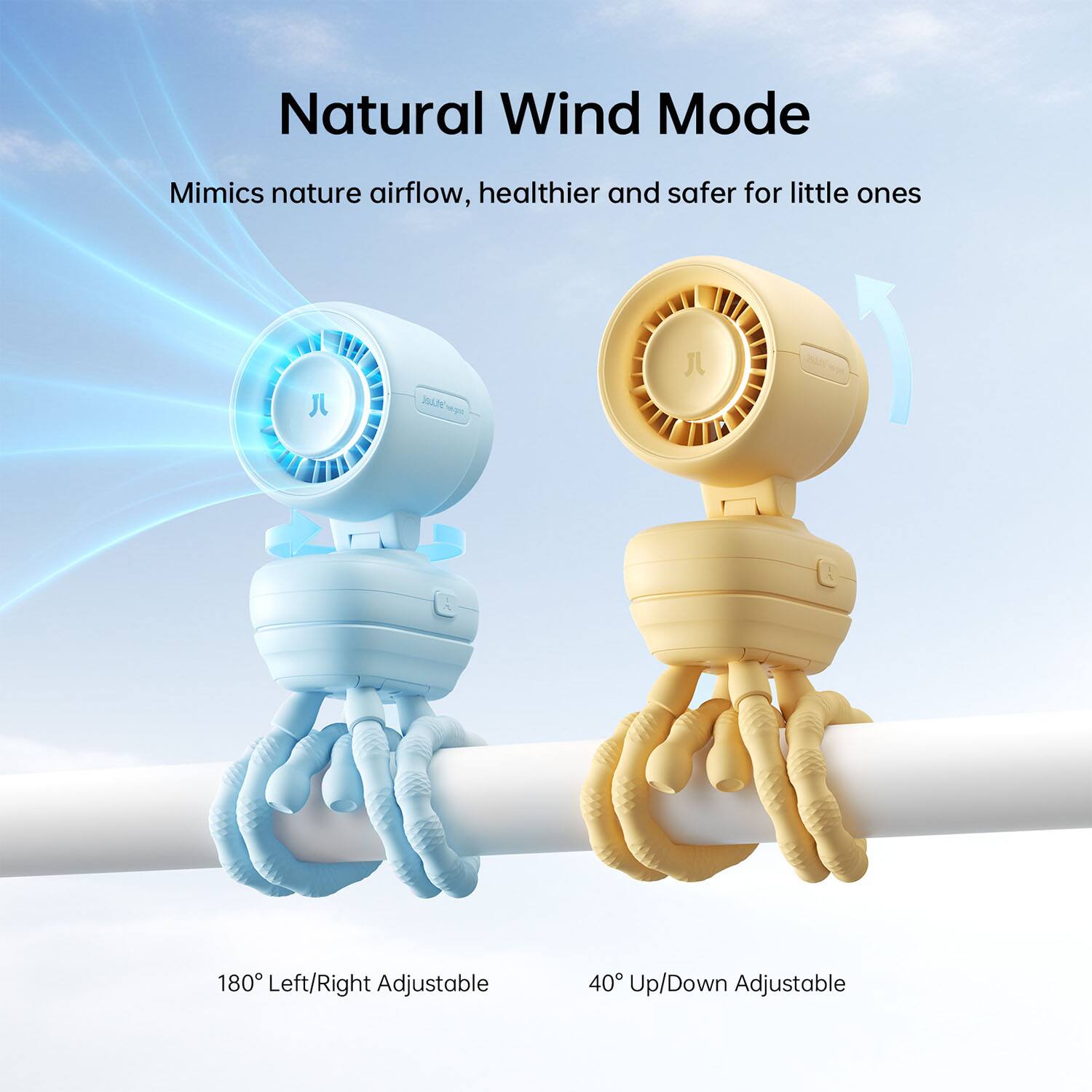Natural Wind Mode  
Mimics nature airflow, healthier and safer for little ones  

180° Left/Right Adjustable  
40° Up/Down Adjustable