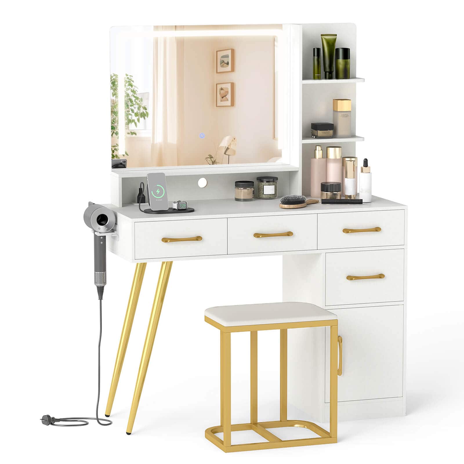 Costway - Modern Vanity Desk Set with Charging Station,Hair Dryer Holder & 3-Color LED Mirror - White