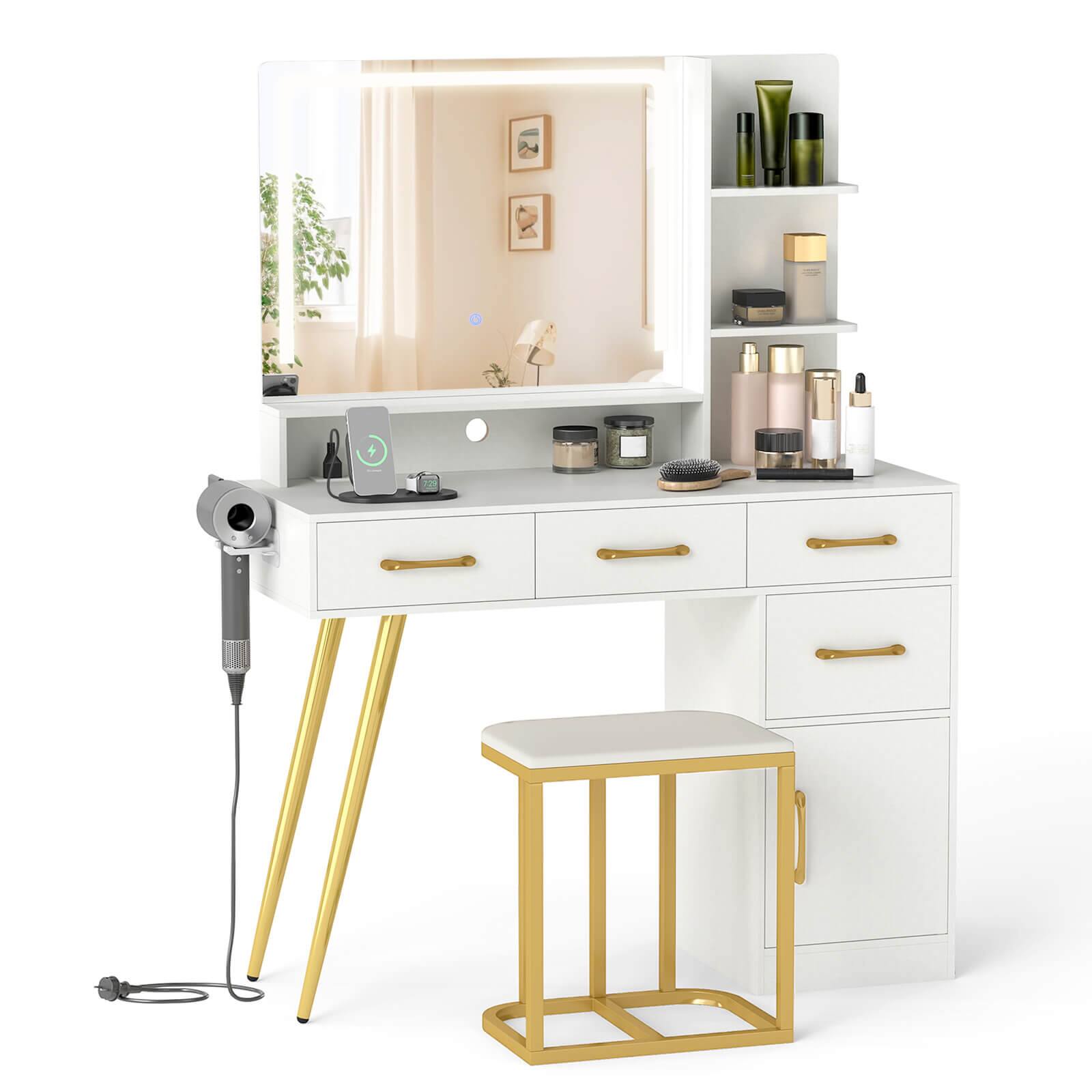 Costway - Modern Vanity Desk Set with Charging Station,Hair Dryer Holder & 3-Color LED Mirror - White