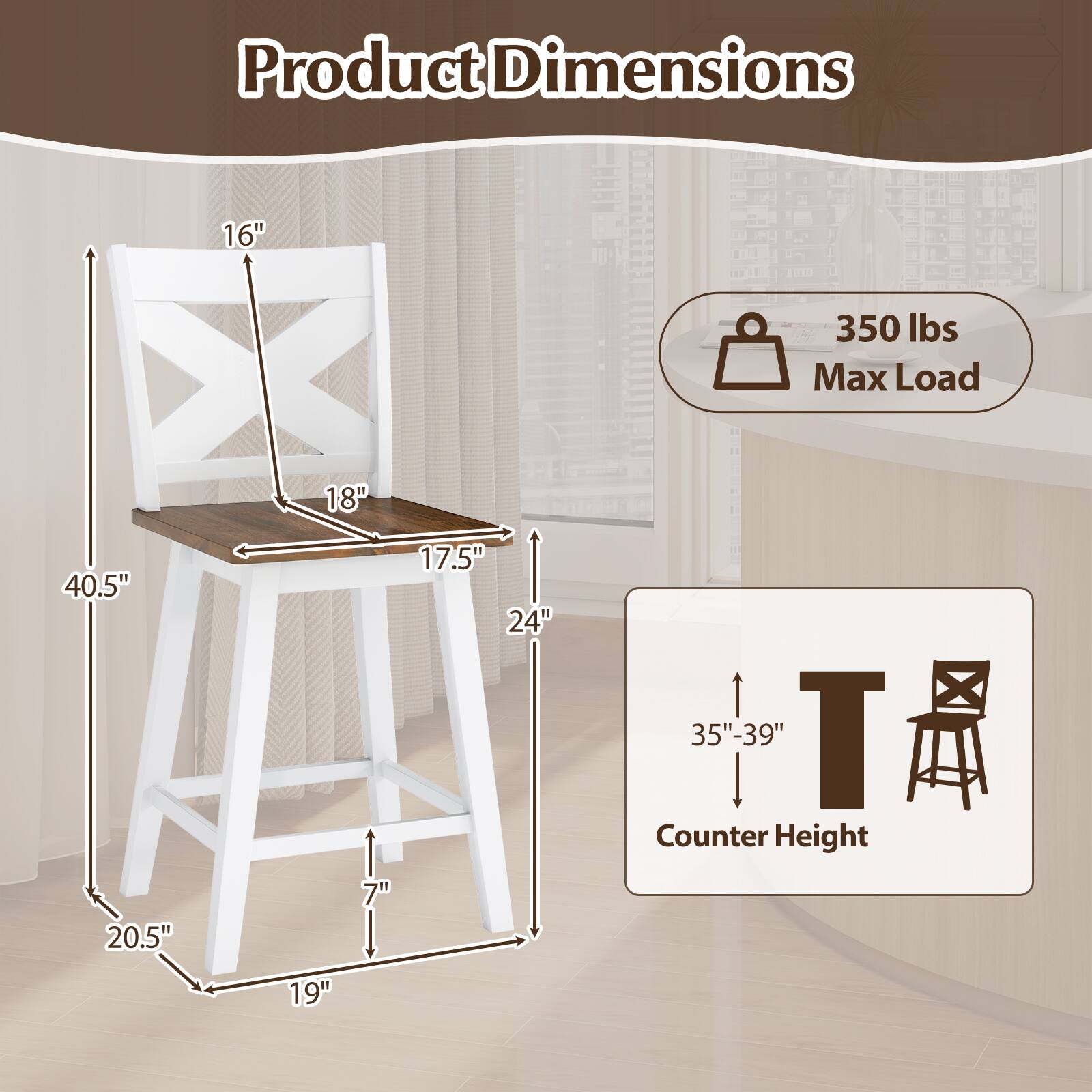 Product Dimensions:  
- 16"  
- 18"  
- 40.5"  
- 20.5"  
- 7"  
- 17.5"  
- 24"  
- 35"-39"  

Max Load: 350 lbs  

Counter Height: 19"