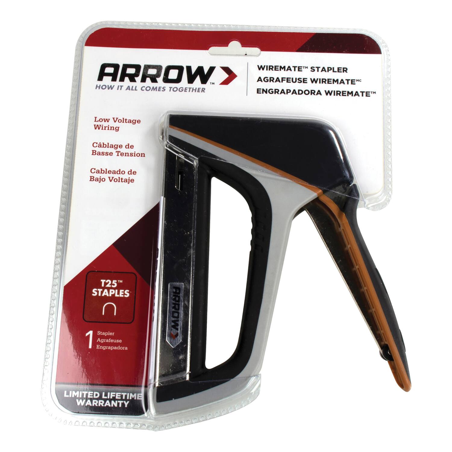 ARROW  
HOW IT ALL COMES TOGETHER  

Low Voltage Wiring  
Câblage de Basse Tension  
Cableado de Bajo Voltaje  

WIREMATE™ STAPLER  
AGRAFEUSE WIREMATE™  
ENGRAPADORA WIREMATE™  

T25™ STAPLES  
1 Stapler  
1 Agrafeuse  
1 Engrapadora  

LIMITED LIFETIME WARRANTY