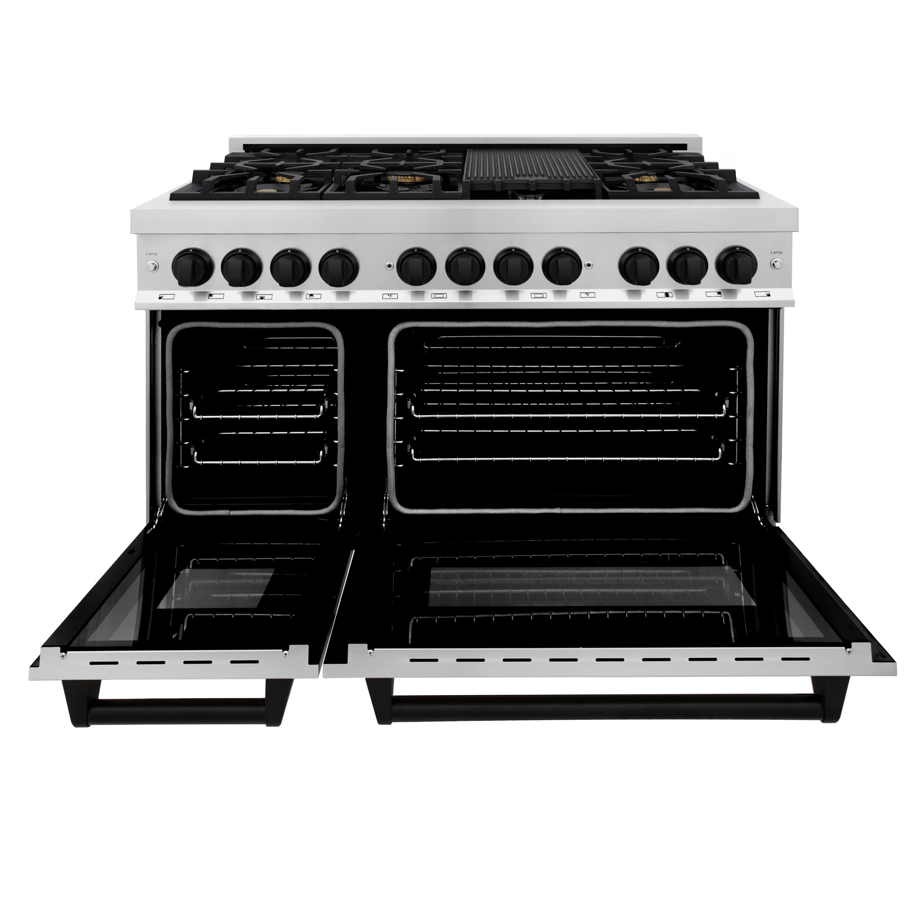 Left. ZLINE - Autograph 48" Legacy Dual Fuel Range with 7 Burners & (RAZ-48-MB) - Matte Black Accents.