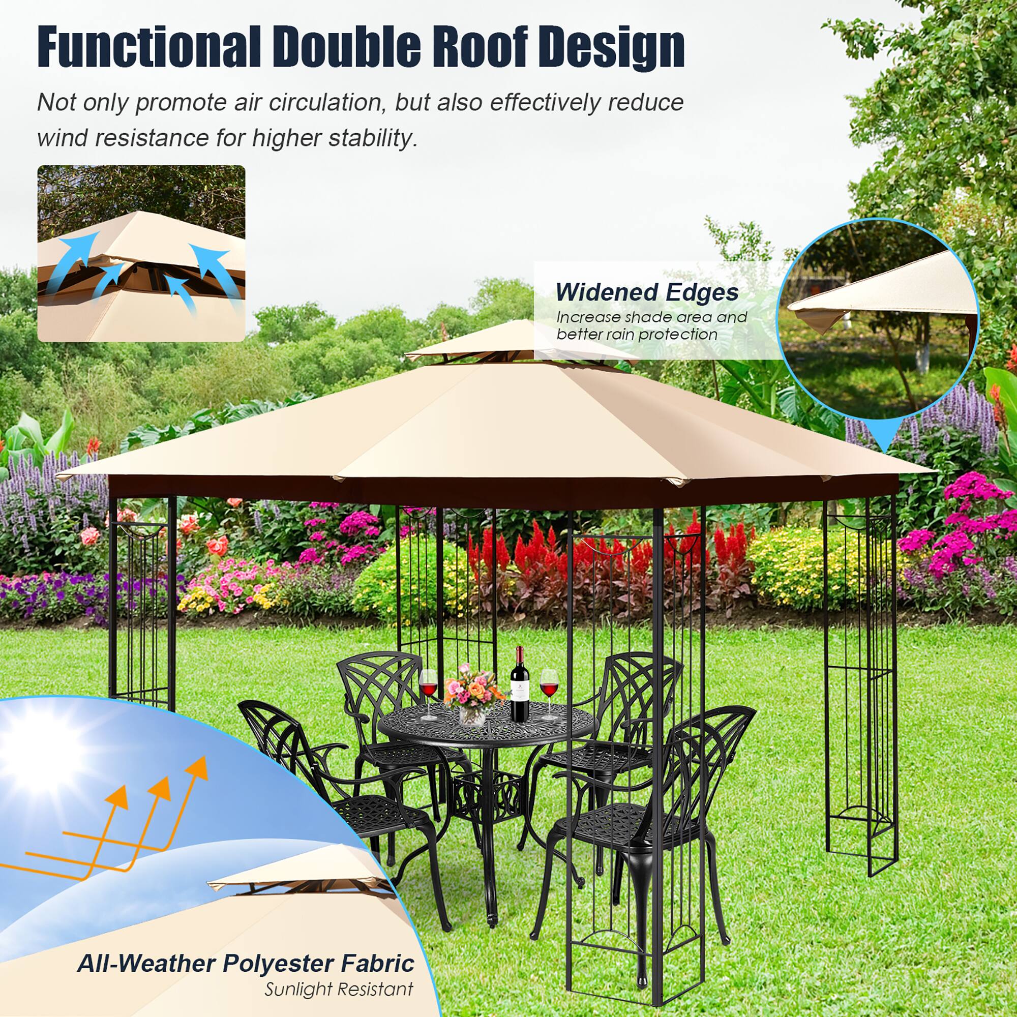 Functional Double Roof Design  
Not only promote air circulation, but also effectively reduce wind resistance for higher stability.

Widened Edges  
Increase shade area and better rain protection

All-Weather Polyester Fabric  
Sunlight Resistant