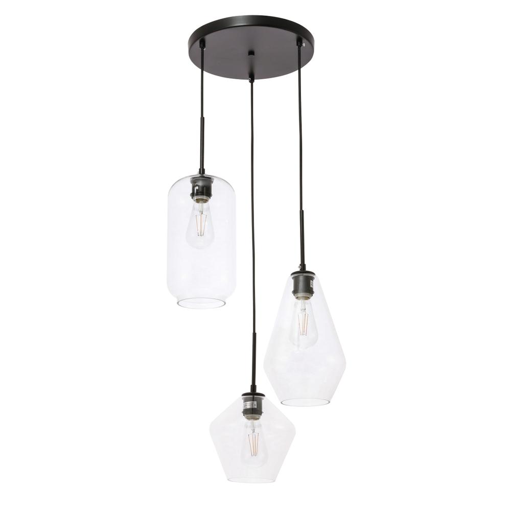 Alt View 4. Living District - Gene 3 light Black and Clear glass pendant - Black And Clear Glass.