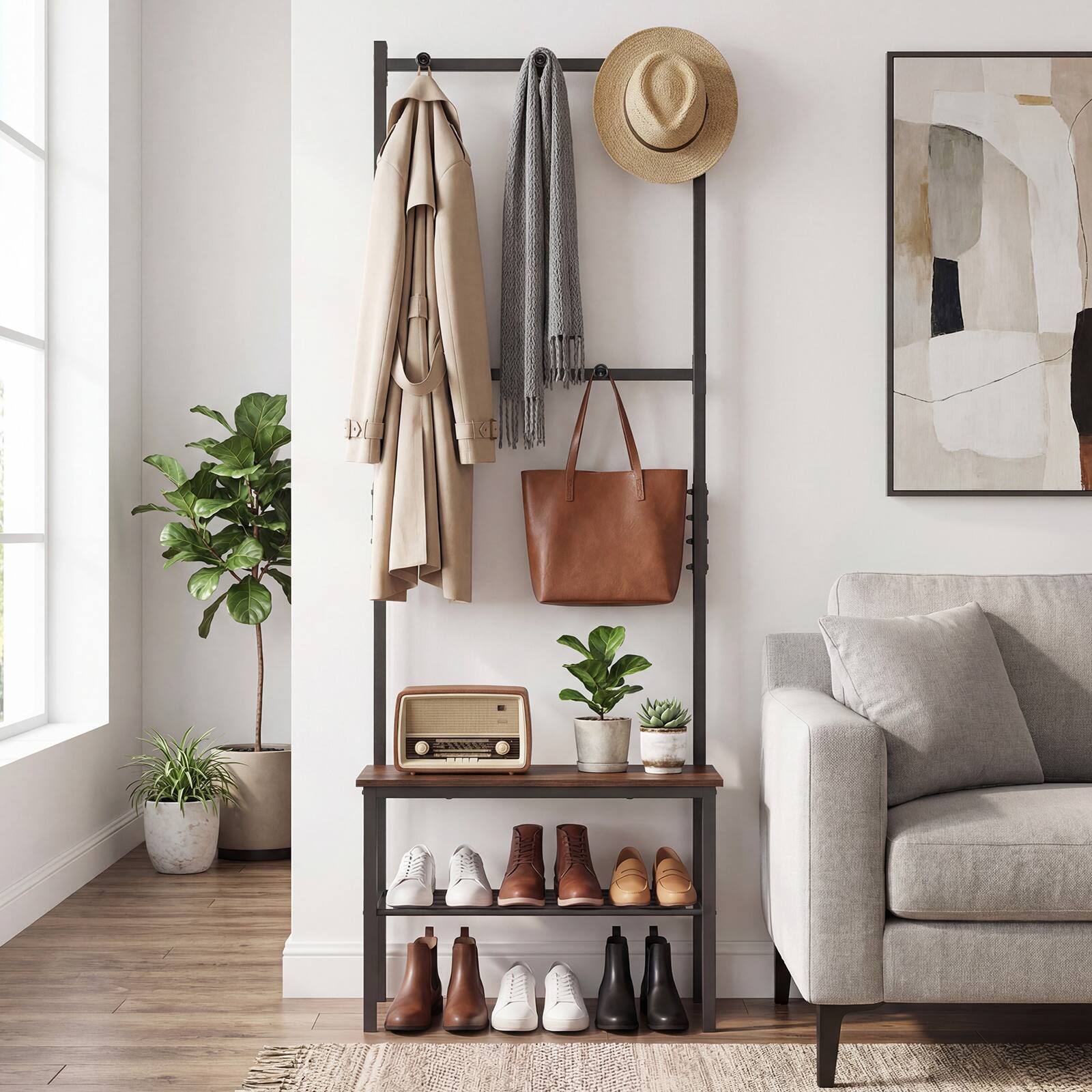 Alt View 3. Gymax - Gymax 3-in-1 Hall Tree w/Hooks & Shoe Storage Heavy Duty Metal Frame for Entrance - Brown.