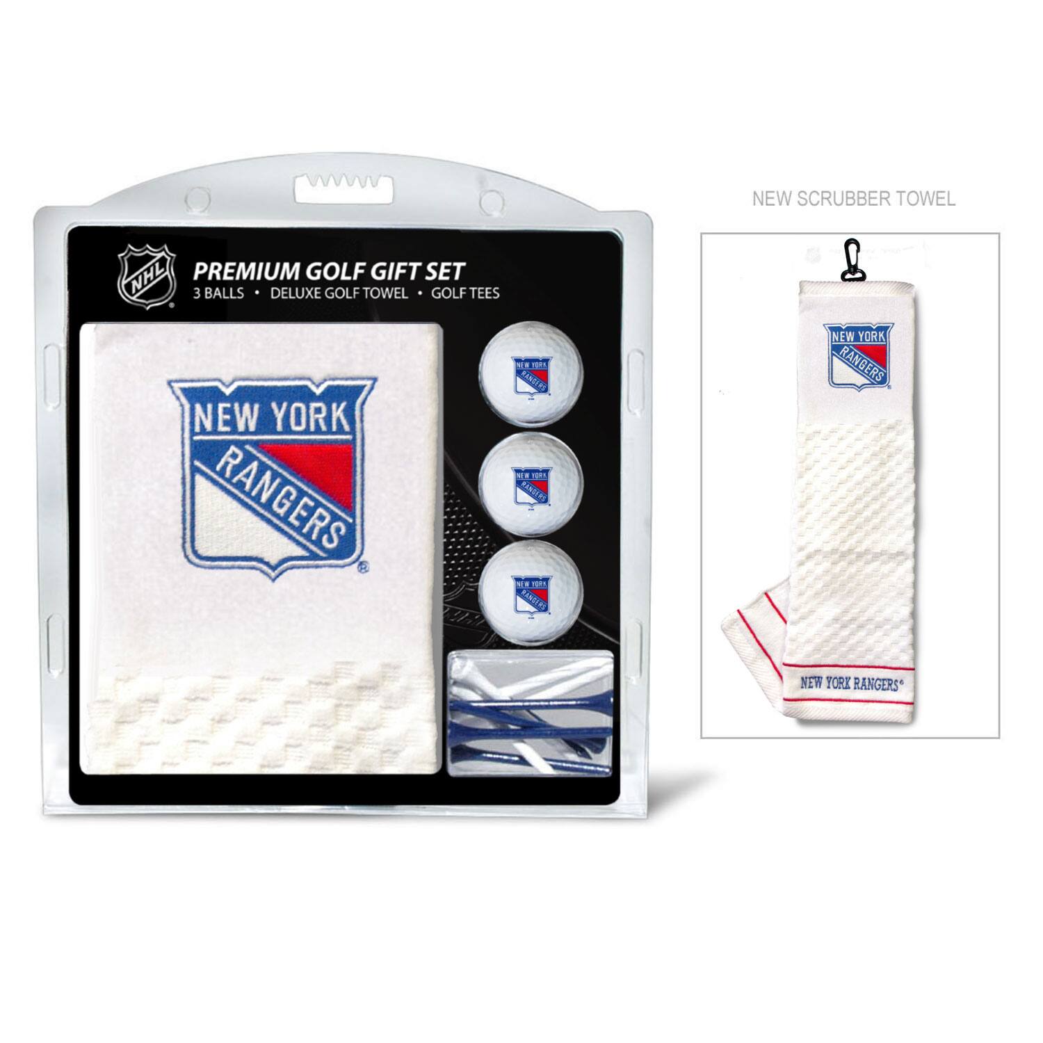 NEW SCRUBBER TOWEL  
PREMIUM GOLF GIFT SET  
3 BALLS • DELUXE GOLF TOWEL • GOLF TEES  
NEW YORK RANGERS  
NEW YORK RANGERS