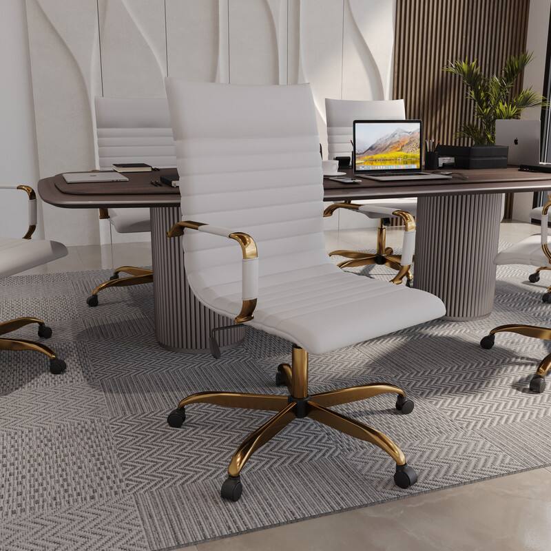 Left. LeisureMod - Harris Ergonomic High-Back Office Chair Leather Upholstery, Adjustable Swivel, Tilt, and Gold Stainless Steel Frame - White.