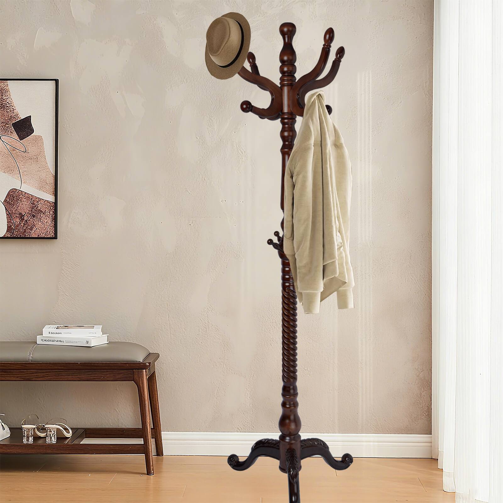Alt View 7. Chateau Abodes - Coat Rack Freestanding, Natural Birch Wood Coat Tree with 11 Hooks, 200lbs Load, Stury Base - Dark Brown - Tri-legged.