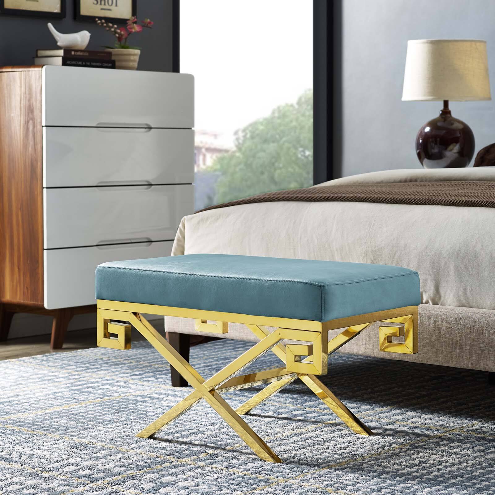 Left. Modway - Rove Velvet Performance Velvet Bench by Modway - Sea Blue.