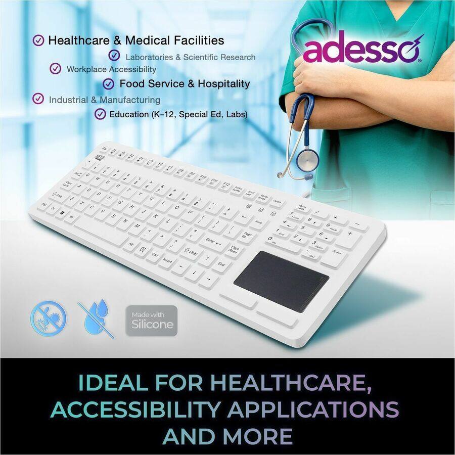 Healthcare & Medical Facilities  
Labs & Scientific Research  
Workplace Accessibility  
Food Service & Hospitality  
Industrial & Manufacturing  
Education (K-12, Special Ed, Labs)  

adesso  

Made with Silicone  

IDEAL FOR HEALTHCARE, ACCESSIBILITY APPLICATIONS AND MORE