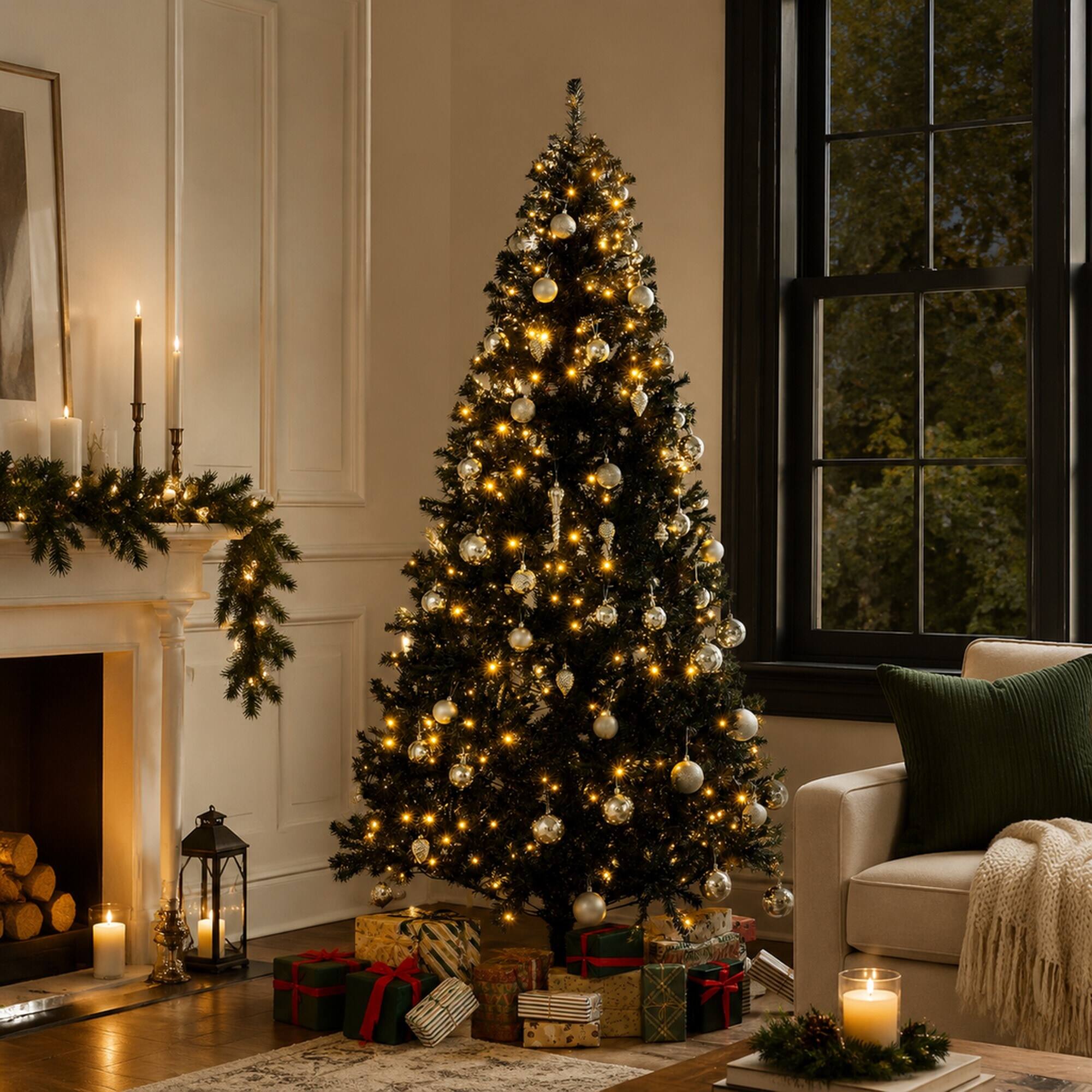 Left. RYHNUYNE - 7.5 Ft Douglas Fir Black Artificial Christmas Tree With 500 Warm White LED Lights, 1346 Tips Metal Stand Decor - Black.