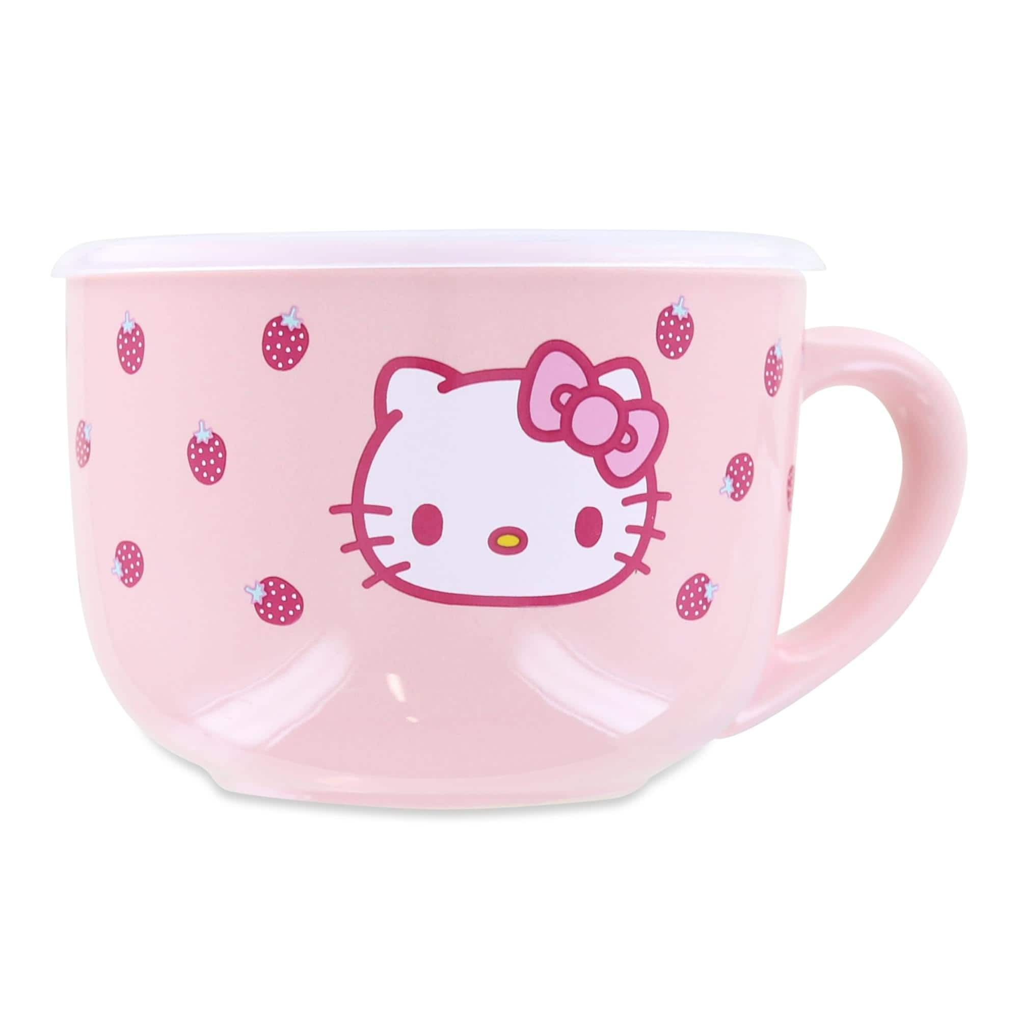 Silver Buffalo - Hello Kitty Strawberries 25oz Ceramic Soup Mug with Vented Lid - Pink