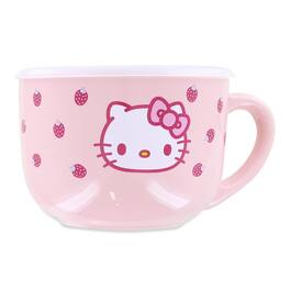 Silver Buffalo - Hello Kitty Strawberries 25oz Ceramic Soup Mug with Vented Lid - Pink