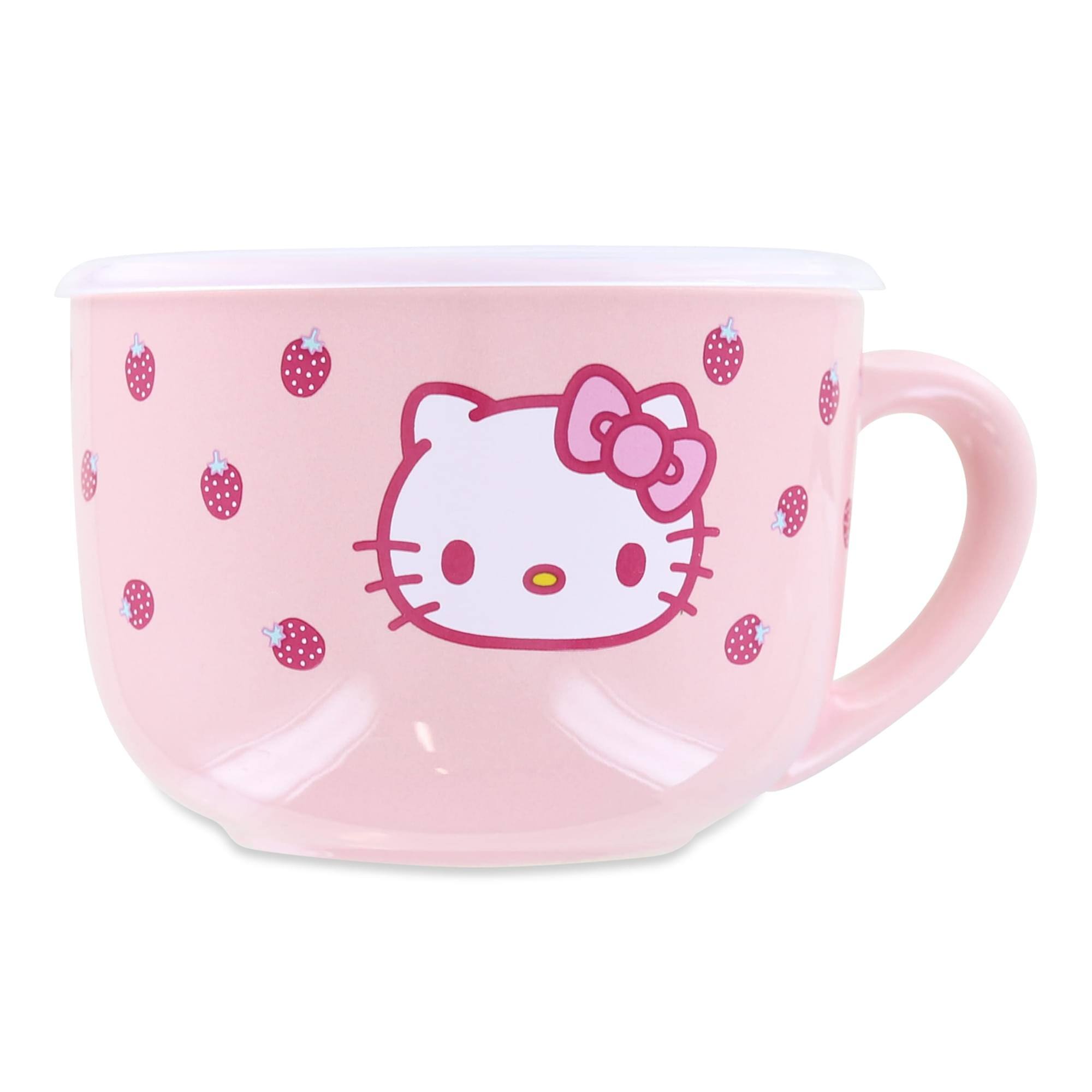 Front. Silver Buffalo - Hello Kitty Strawberries 25oz Ceramic Soup Mug with Vented Lid - Pink.