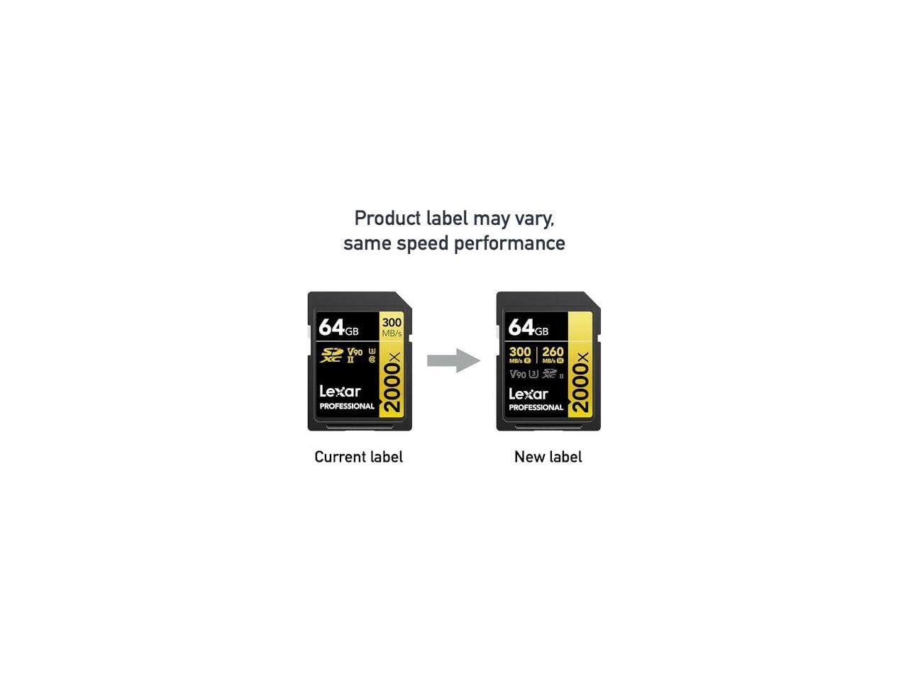 Product label may vary. same speed performance 300 64GB MB/s V90 U1 II e X PROFESSIONAL Lexar 2000 64GB 300 260 MB/s V90   Lexar PROFESSIONAL 2000x Current label New label