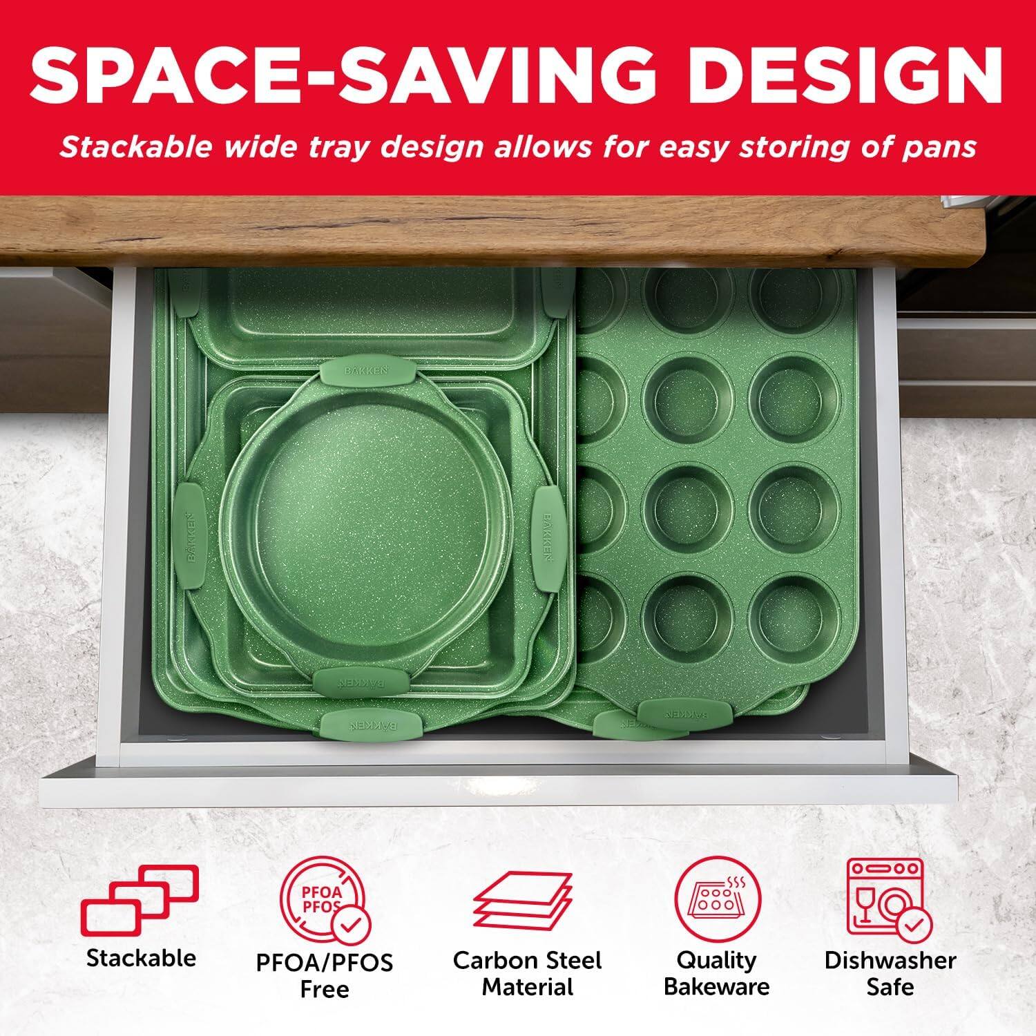 SPACE-SAVING DESIGN, Stackable wide tray design allows for easy storing of pans, Stackable, PFOA/PFOS Free, Carbon Steel Material, Quality Bakeware, Dishwasher Safe