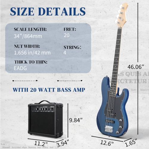 SIZE DETAILS

SCALE LENGTH: 34" / 864mm  
FRET: 20  
NUT WIDTH: 1.656 in / 42 mm  
STRING: 4  
THICK TO THIN: EADG  

WITH 20 WATT BASS AMP  

46.06"  
9.84"  
11.2"  
3.94"  
12.6"  
1.65"