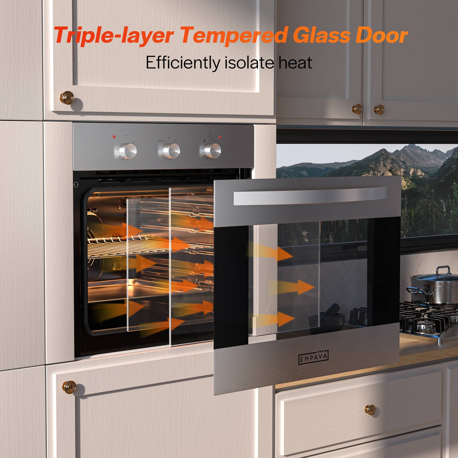 Triple-layer tempered glass door efficiently isolates heat.