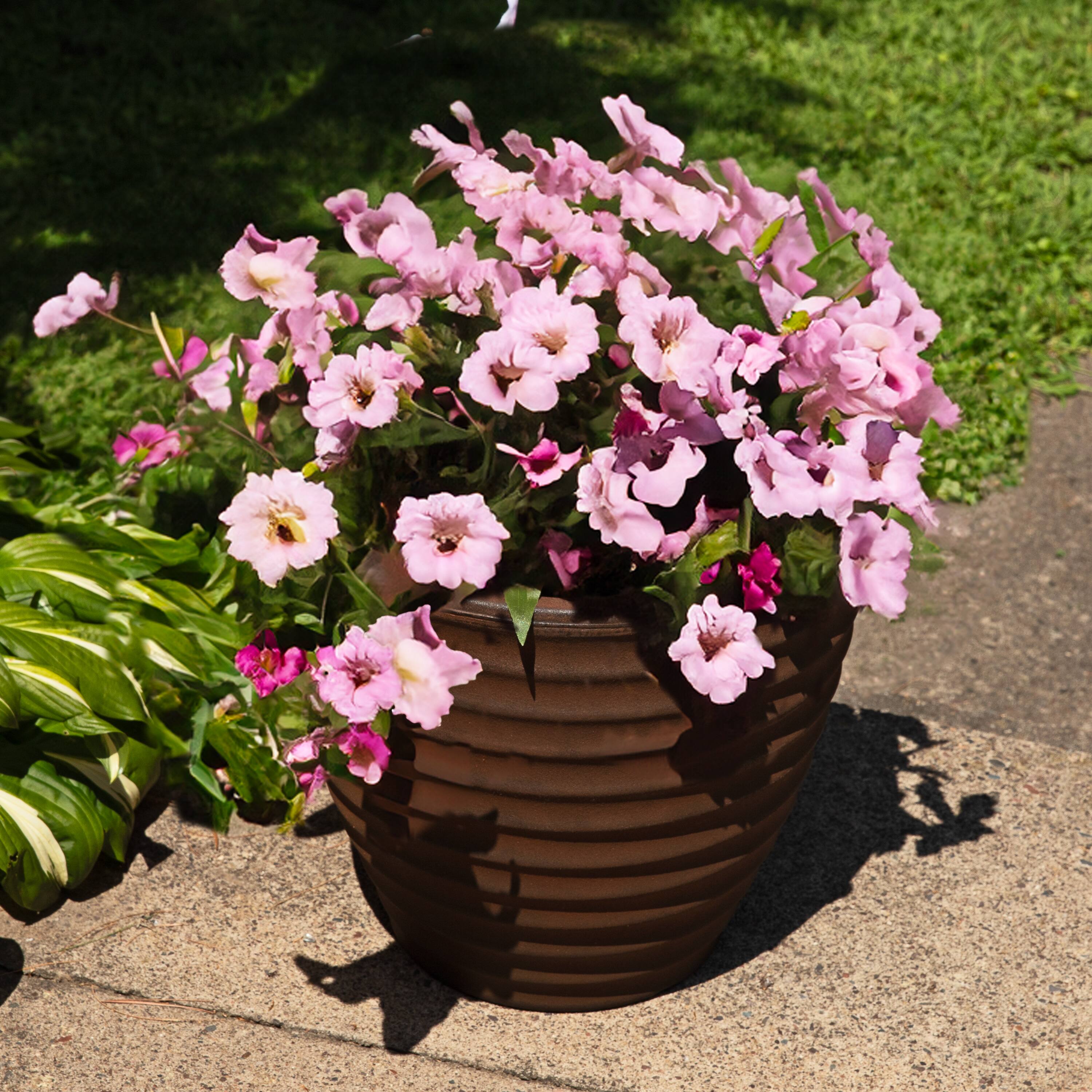 Alt View 1. Sunnydaze - 16 in Ribbed Polyresin Outdoor Planter - Rust.
