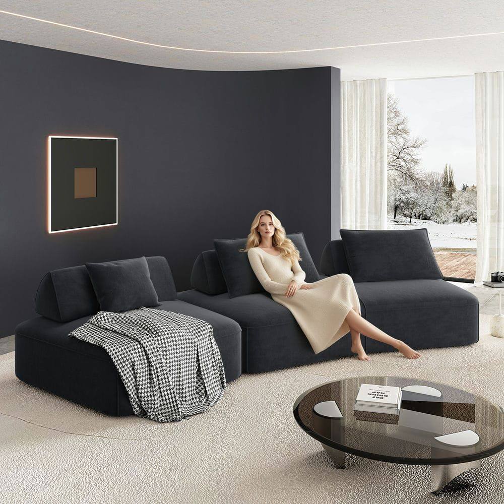 Alt View 2. Kadyn - 139" Modular Sectional Sofa Set, DIY Configuration with Fluffy Chenille and Removable Backrests, Dark Grey - Gray.