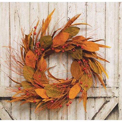 Angle. BreeBe - *Fall Magnolia Pine & Podka Wreath 24" - Red, Orange.