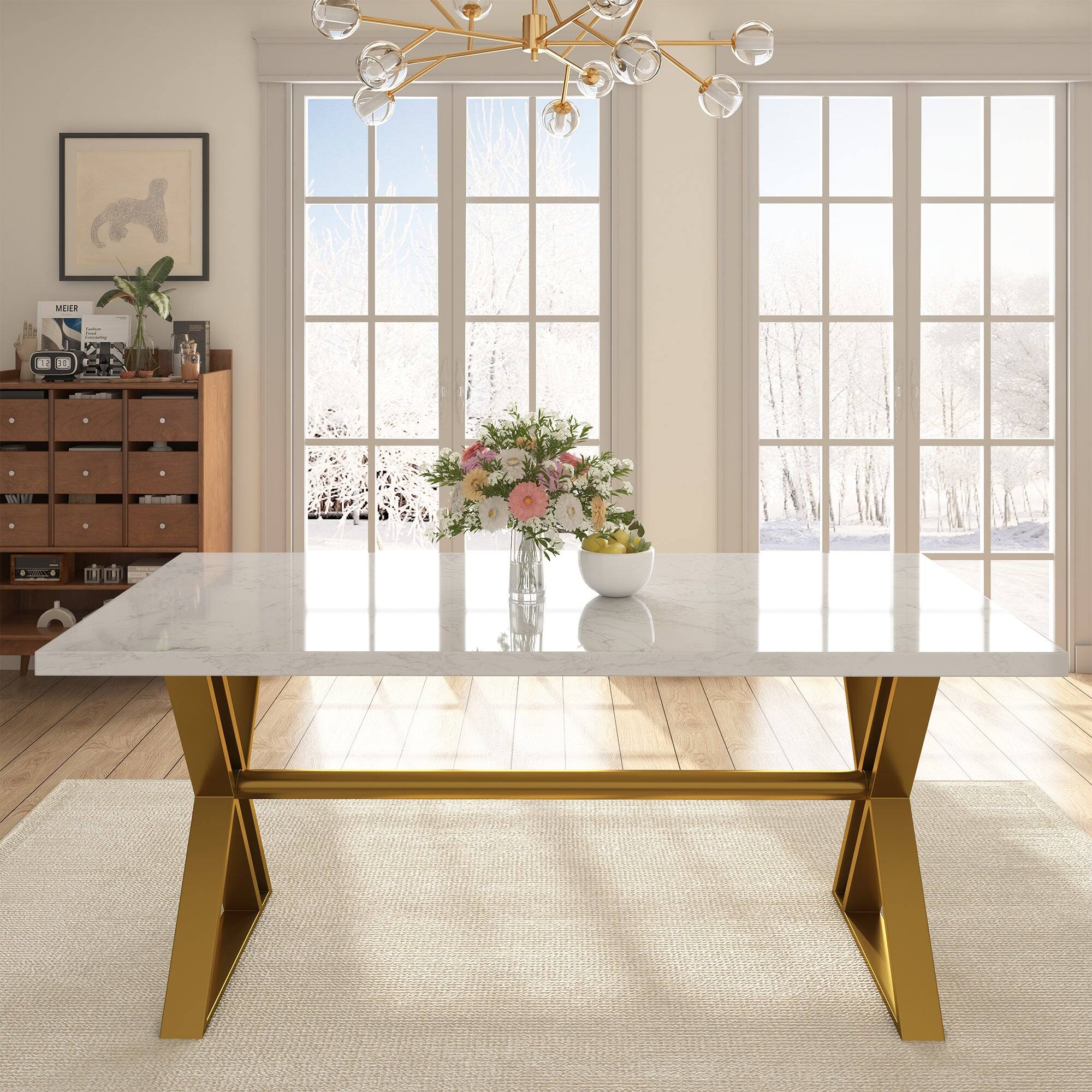 Alt View 8. Boyel Living - White Marble 70.87 Inch Cross Legs Dining Table Seats 6 Modern Gold Stainless Steel Base - White.