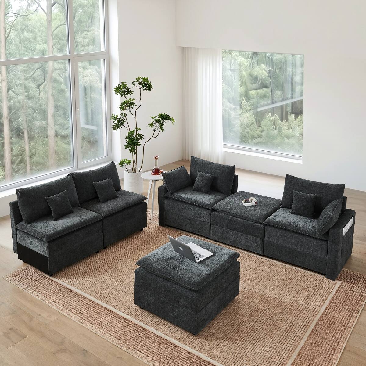 Back. Ropilly - Ropilly U Shaped Modular Sectional Sofa, Chenille Upholstered 6 Seat Deep Seat Couch, Black - Black.