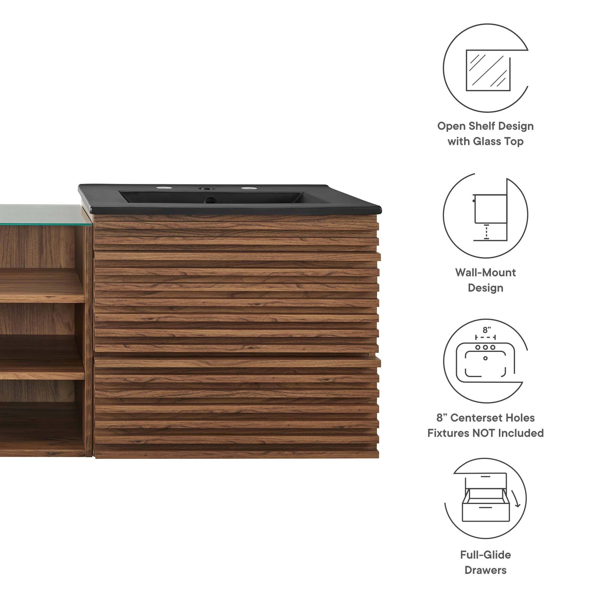 Open Shelf Design with Glass Top  
Wall-Mount Design  
8" Centerset Holes  
Fixtures NOT Included  
Full-Glide Drawers