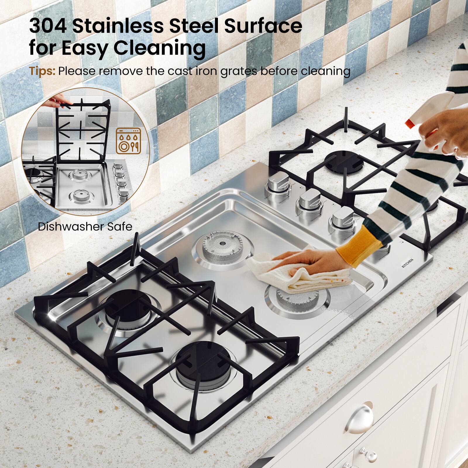 304 Stainless Steel Surface for Easy Cleaning

Tips: Please remove the cast iron grates before cleaning

Dishwasher Safe
