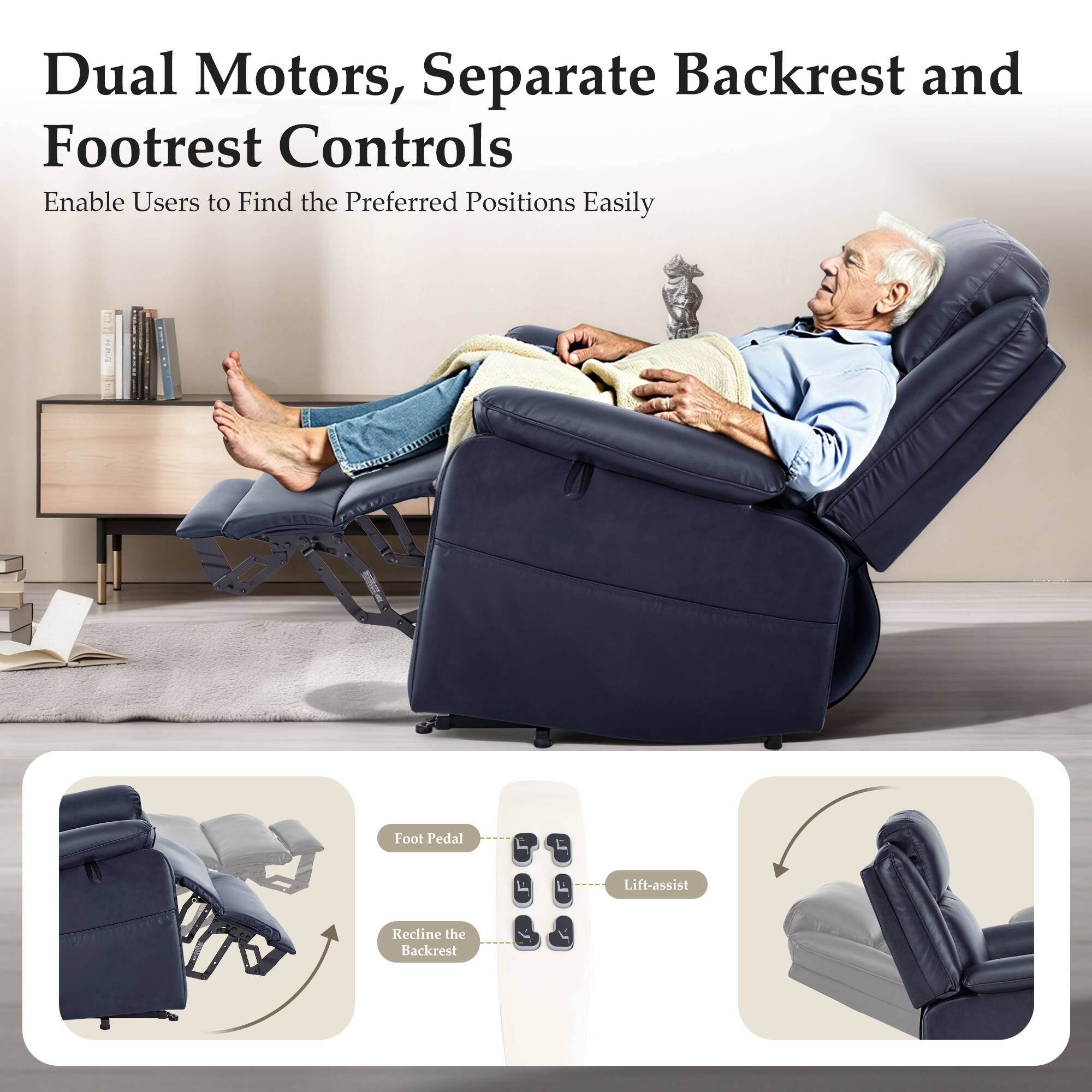 Dual Motors, Separate Backrest and Footrest Controls  
Enable Users to Find the Preferred Positions Easily  

Foot Pedal Lift-assist Recline the Backrest