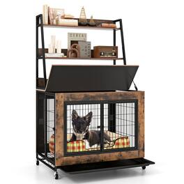 Gymax - Dog Crate Furniture w/ Storage Shelves Industrial Dog Kennel w/ Flip-up Top Rustic Brown