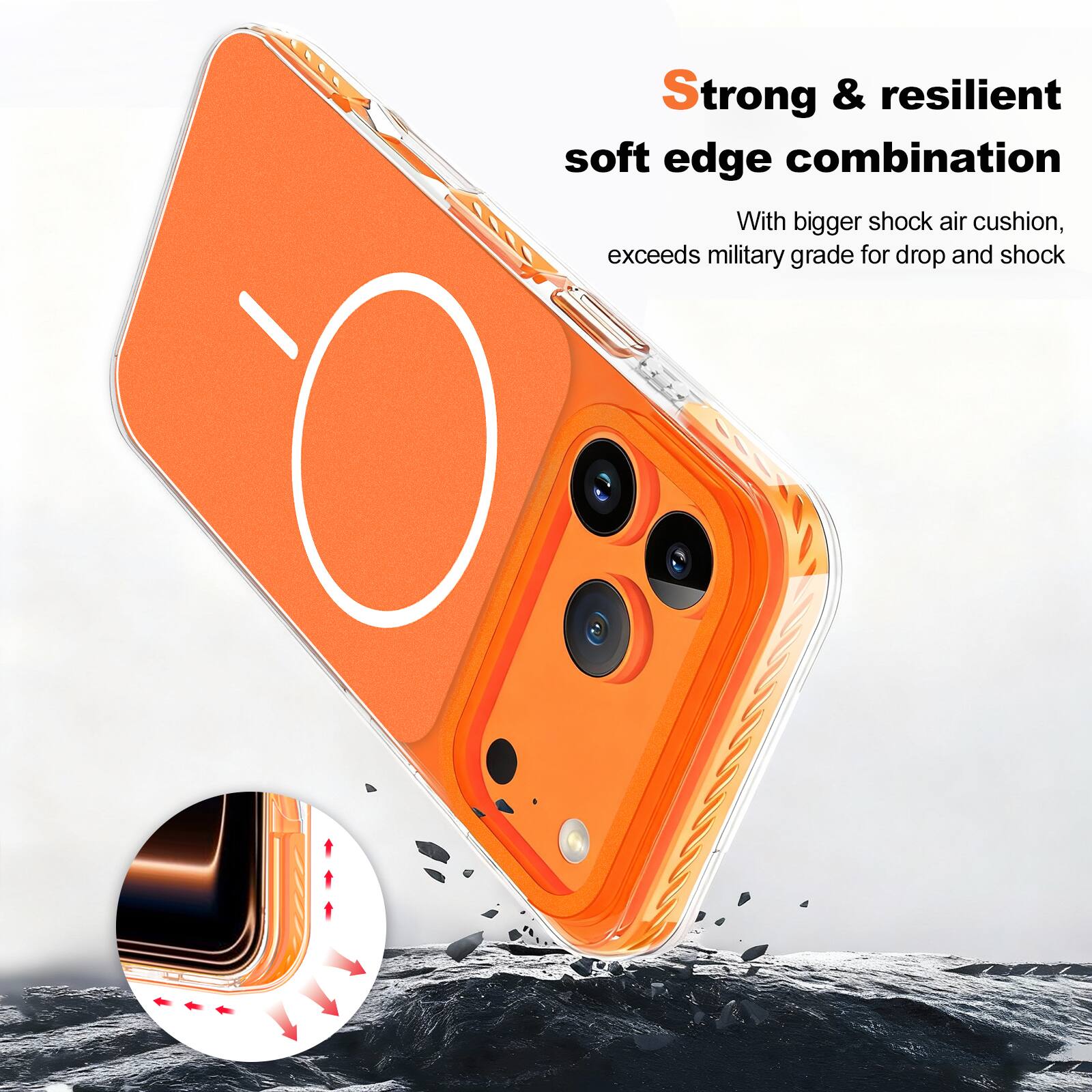 Strong & resilient soft edge combination  
With bigger shock air cushion, exceeds military grade for drop and shock