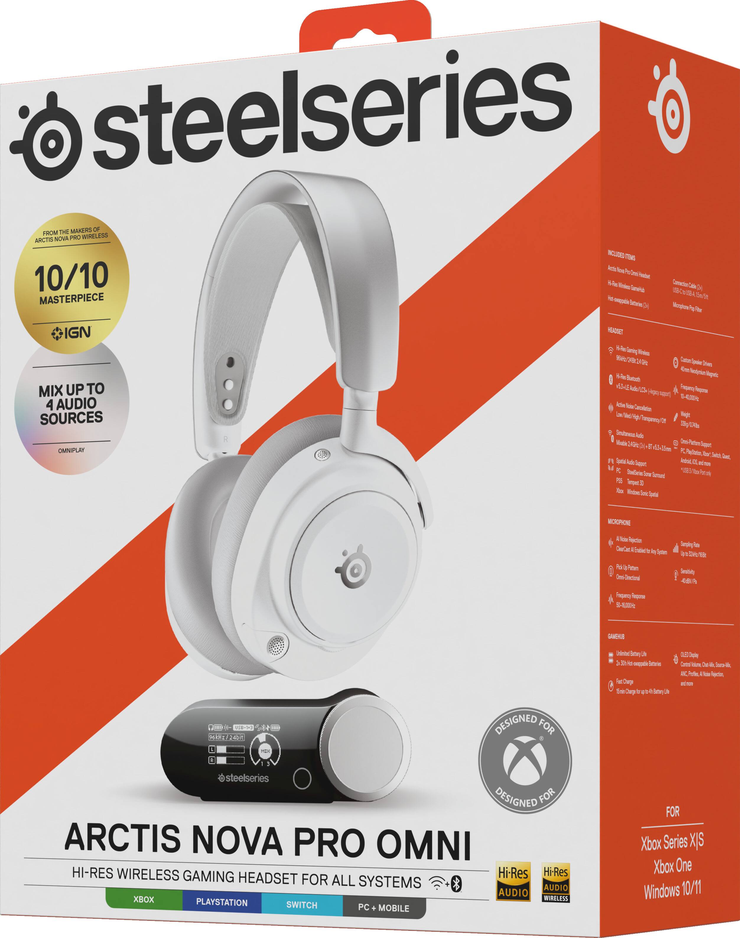SteelSeries Arctis Nova Pro Omni  
Hi-Res Wireless Gaming Headset for All Systems  
Xbox Series X/S  
Xbox One  
PlayStation  
Switch  
PC + Mobile  
Windows 10/11  

From the makers of Arctis Nova Pro Wireless  
10/10 Masterpiece - IGN  
Mix up to 4 audio sources  
Omniplay  

Designed for  
Xbox Series X/S  
Xbox One  
Windows 10/11  

Included Items:  
- Arctis Nova Pro Wireless Headset  
- 4-in-1 Wireless Adapter  
- USB-C Charging Cable (1.5m)  
- Microphone Cable (1.5m)  
- Arctis Nova Pro Wireless User Guide  

Headset:  
- Hi-Res Bluetooth  
- Hi-Res 2.4GHz  
- Hi-Res 5.1 Surround  
- Active Noise Cancellation  
- Low Latency Mode  
- Smart Audio  
- Spatial Audio Support  
- PC, PlayStation, Switch, Xbox  

Microphone:  
- AI Noise Cancellation  
- Clear Voice for Any System  
- Pop Filter  
- Flexible Microphone  

Gameplay:  
- Up to 24 Hours of Play