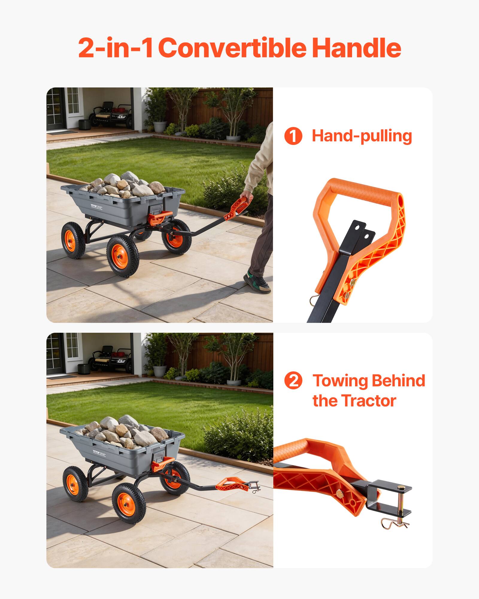 2-in-1 Convertible Handle

1. Hand-pulling
2. Towing Behind the Tractor