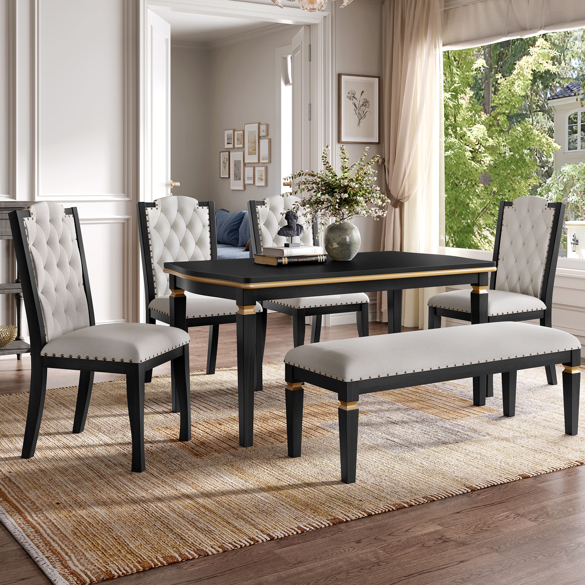 TinyHomie - 6-Piece Kitchen Dining Table Set 60in Rectangular Table and 4 High-Back Tufted Chairs and 1 Bench - Black
