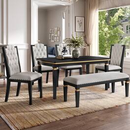 TinyHomie - 6-Piece Kitchen Dining Table Set 60in Rectangular Table and 4 High-Back Tufted Chairs and 1 Bench - Black