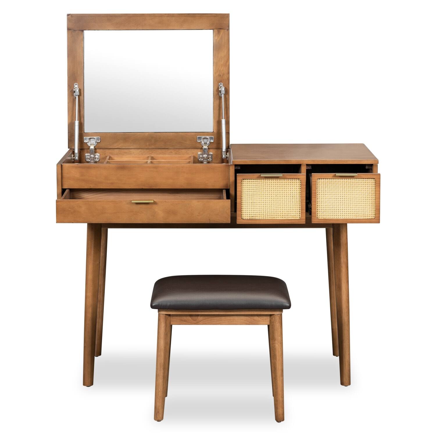 Back. Lirago - Brown Wood Dressing Table with Mirror Drawers Stool  Dresser Desk for Makeup Storage 19.7”D x 43.3“ W x 31.7“ H - Brown.