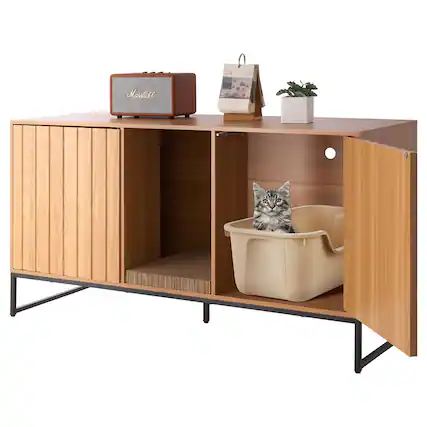 Front. VEVOR - Cat Litter Box Enclosure Furniture, 47.2in Hidden Litter Box Cabinet with Scratch Pad & Storage, Waterproof Cat Washroom - Natural wood color.