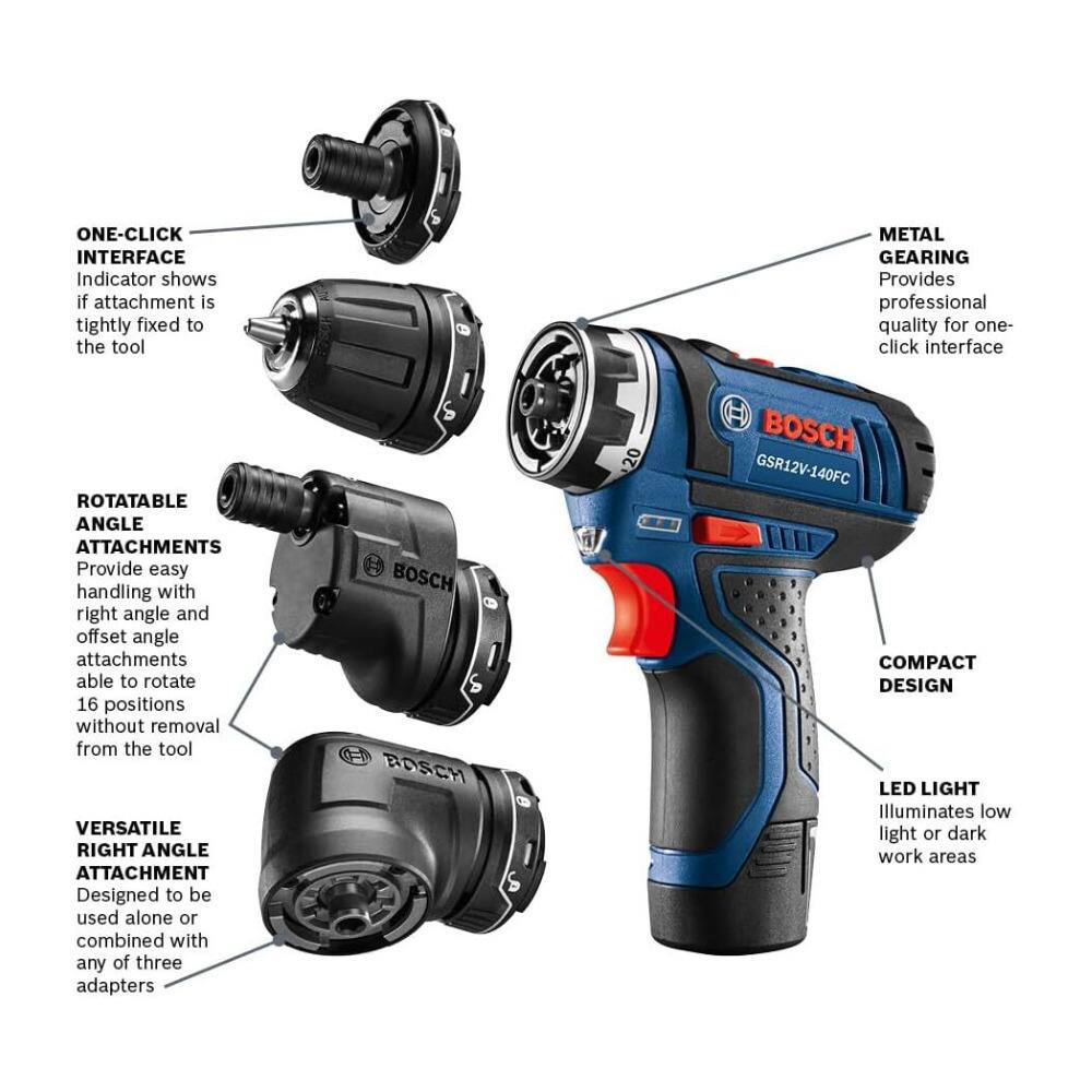 - ONE-CLICK INTERFACE: Indicator shows if attachment is tightly fixed to the tool.
- METAL GEARING: Provides professional quality for one-click interface.
- ROTATABLE ANGLE ATTACHMENTS: Provide easy handling with right angle and offset angle attachments able to rotate 16 positions without removal from the tool.
- VERSATILE RIGHT ANGLE ATTACHMENT: Designed to be used alone or combined with any of three adapters.
- COMPACT DESIGN
- LED LIGHT: Illuminates low light or dark work areas.