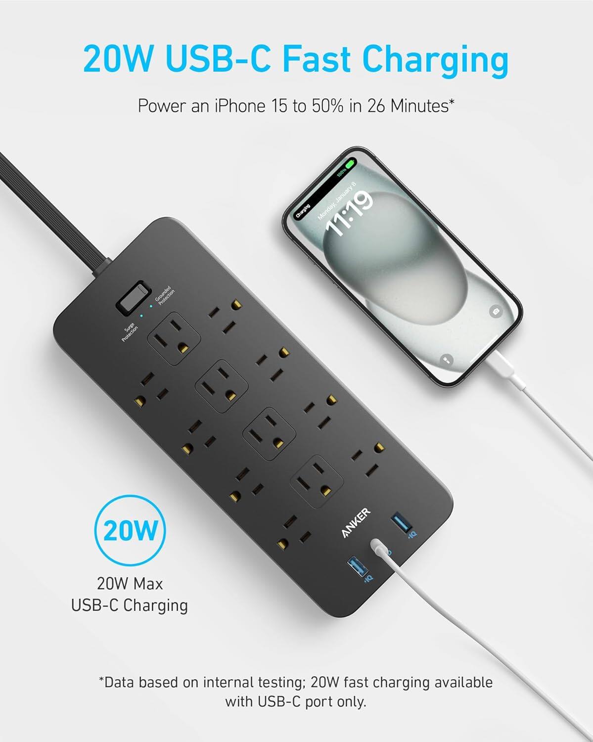 20W USB-C Fast Charging  
Power an iPhone 15 to 50% in 26 Minutes*  

100% N January Charging  
Monday, 11:19  

Surge Protection  

20W ANKER +Q2  
20W Max USB-C Charging  

*Data based on internal testing; 20W fast charging available with USB-C port only.