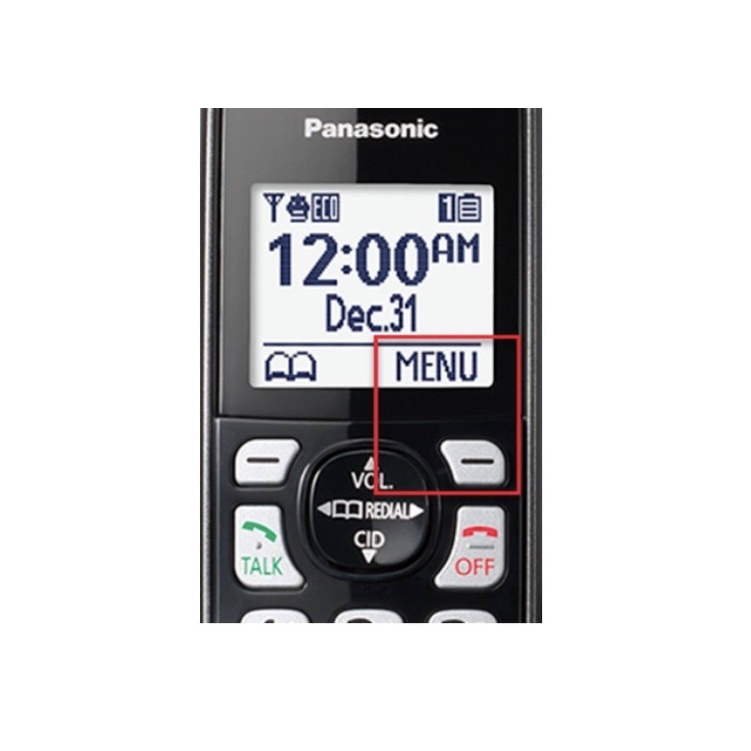 Panasonic, ECO, 12:00 AM, Dec.31, MENU, TALK, VCL, REDIAL, CID, OFF