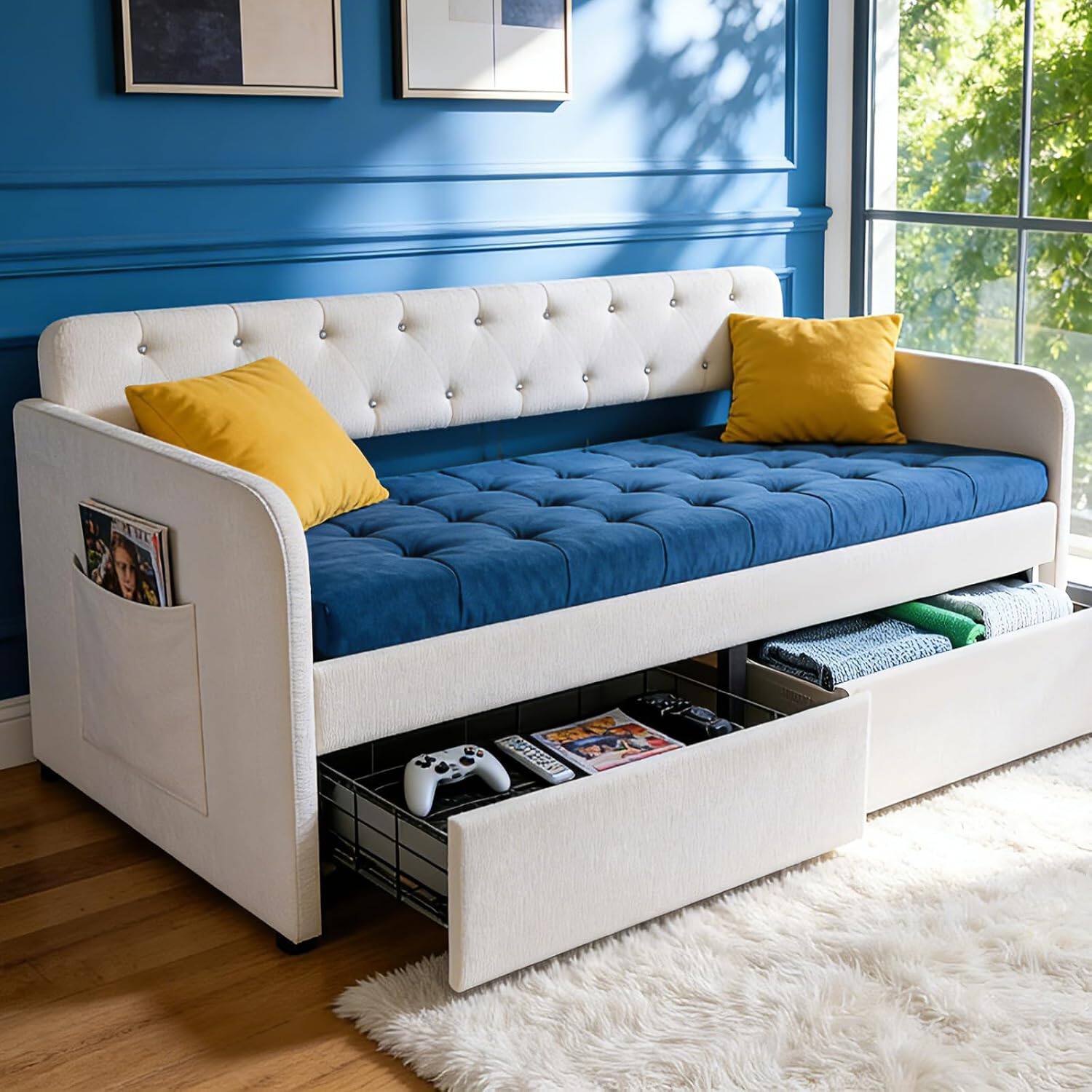 Alt View 9. Winado - Twin Size Daybed with 2 Storage Drawers and Pockets, Chenille Upholstered Comfy Sleeper Couch Sofa Bed for Living Room - Chenille Beige.