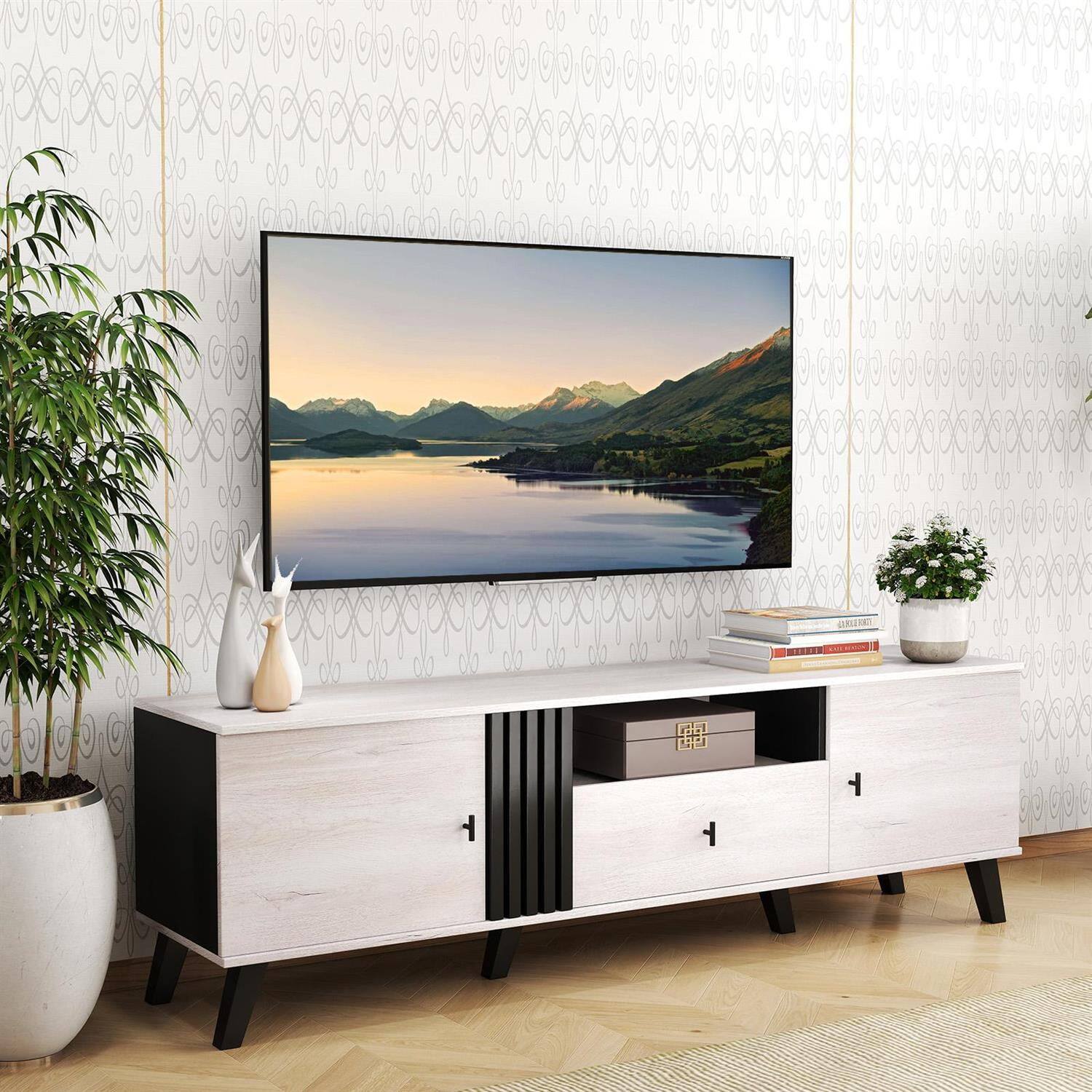 Angle. Pefilos - Mid-Century Modern TV Stand, 80" TV Compatible, 2 Doors & 1 Drawer with Fluted Decor, Oak (Brown) TV Cabinet - Brown.