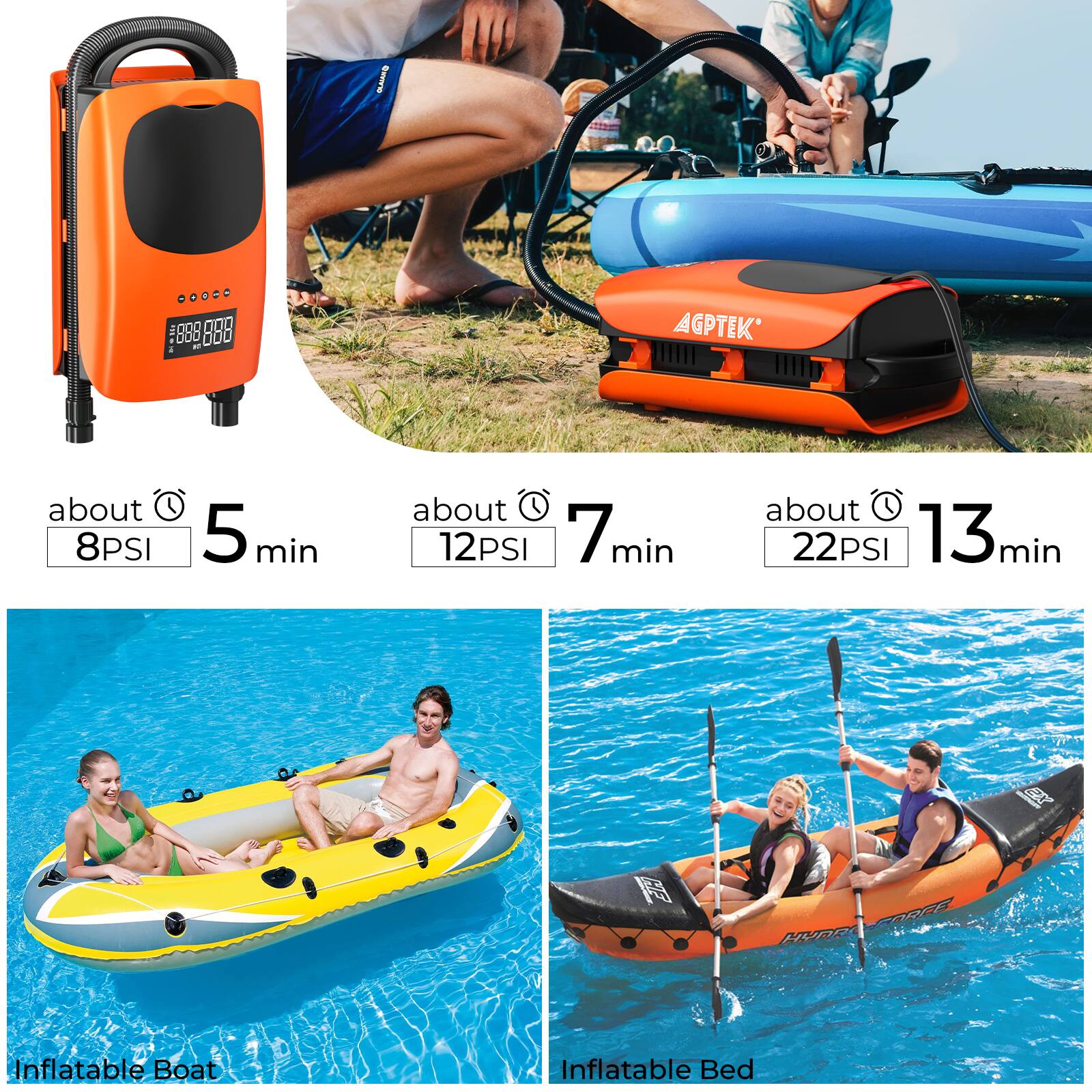 - No. 4 8898BB 888 Q00 800 AGPTEK
- about 8PSI 5 min
- about 12PSI 7 min
- about 22PSI 13 min
- D ORI HURO Inflatable Boat
- Inflatable Bed