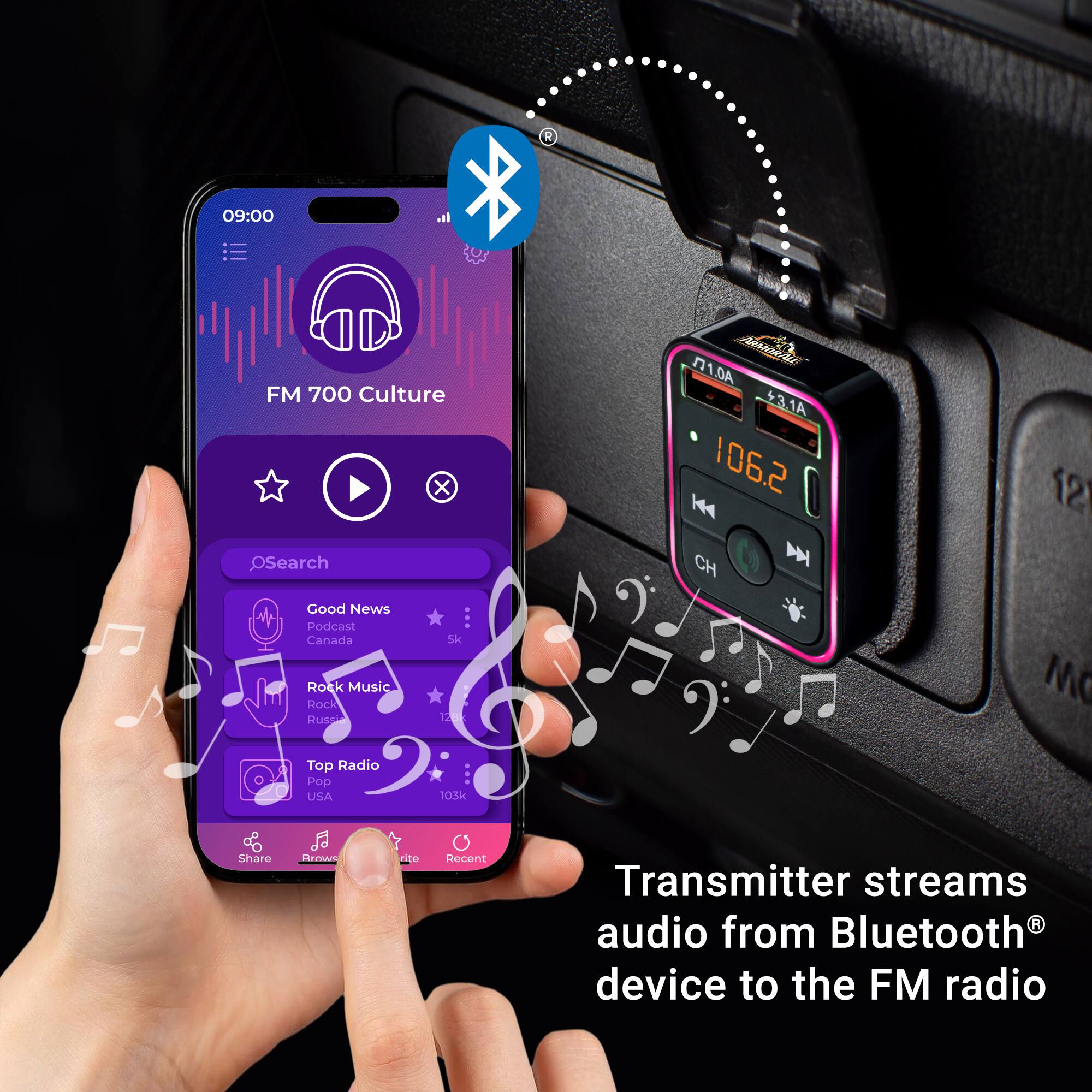 09:00 FM 700 Culture X OSearch AeuMe 1.DA $3.1A 106.2 CH 12 Good News Podcast Canada Rock Music Rock Russi Sk 120 MO Top Radio Pop USA 103k & Share MA rite Recent Transmitter streams audio from Bluetooth device to the FM radio